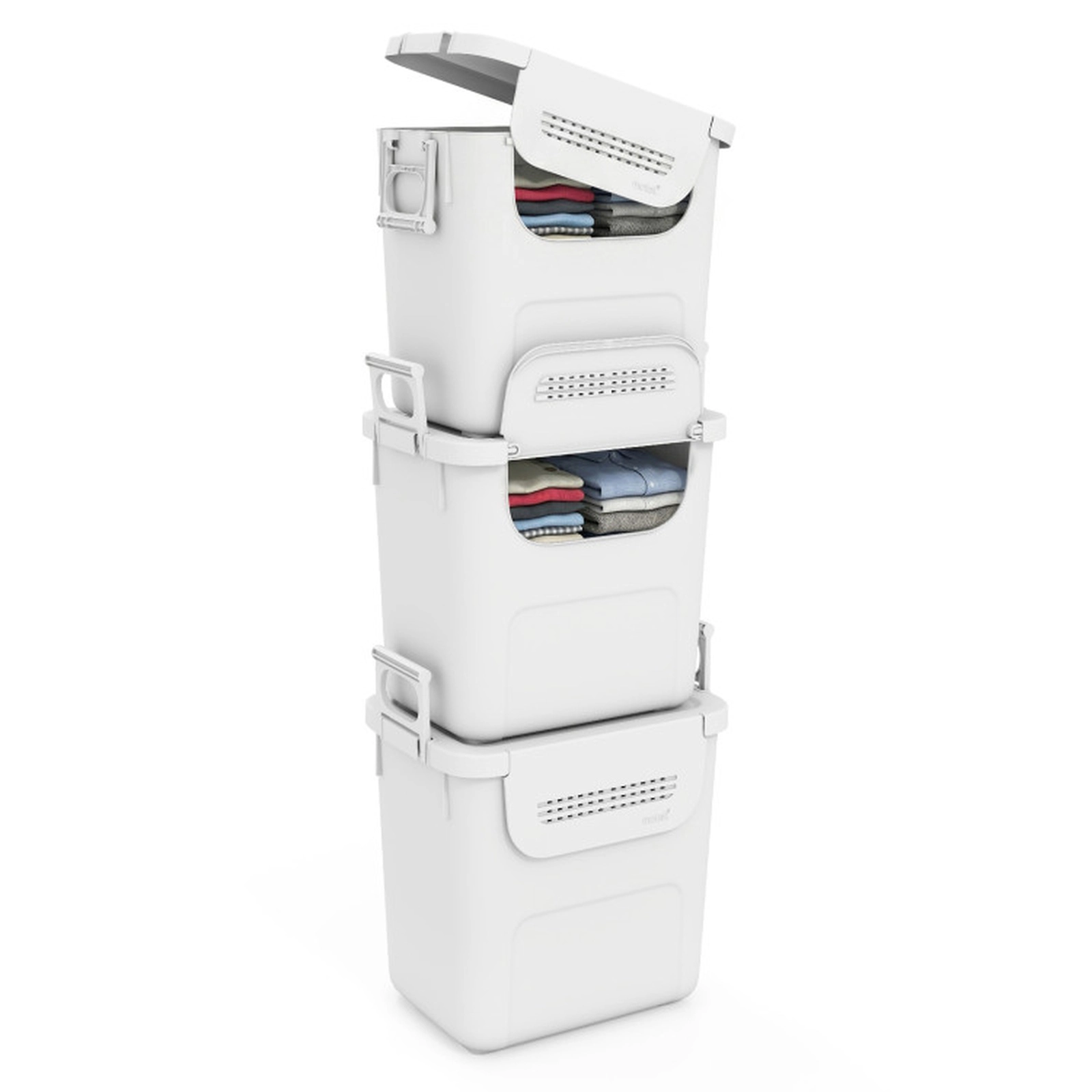 SUGIFT 3-Pack White 32-qt Stackable Storage Bins with Lids Front Flap Door and Handles for Closet