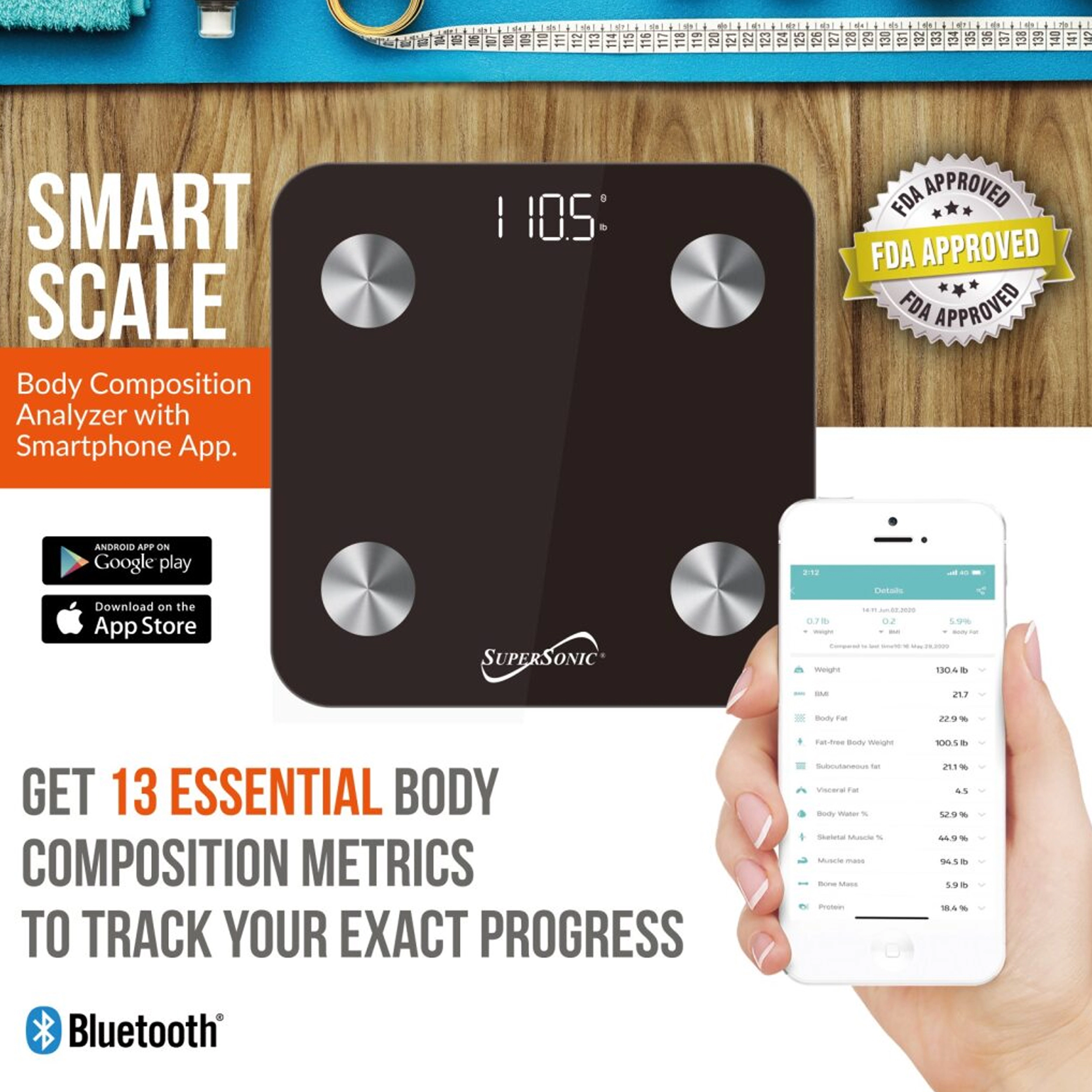 Super Sonic Smart Scale Body Composition Analyzer With Smartphone App