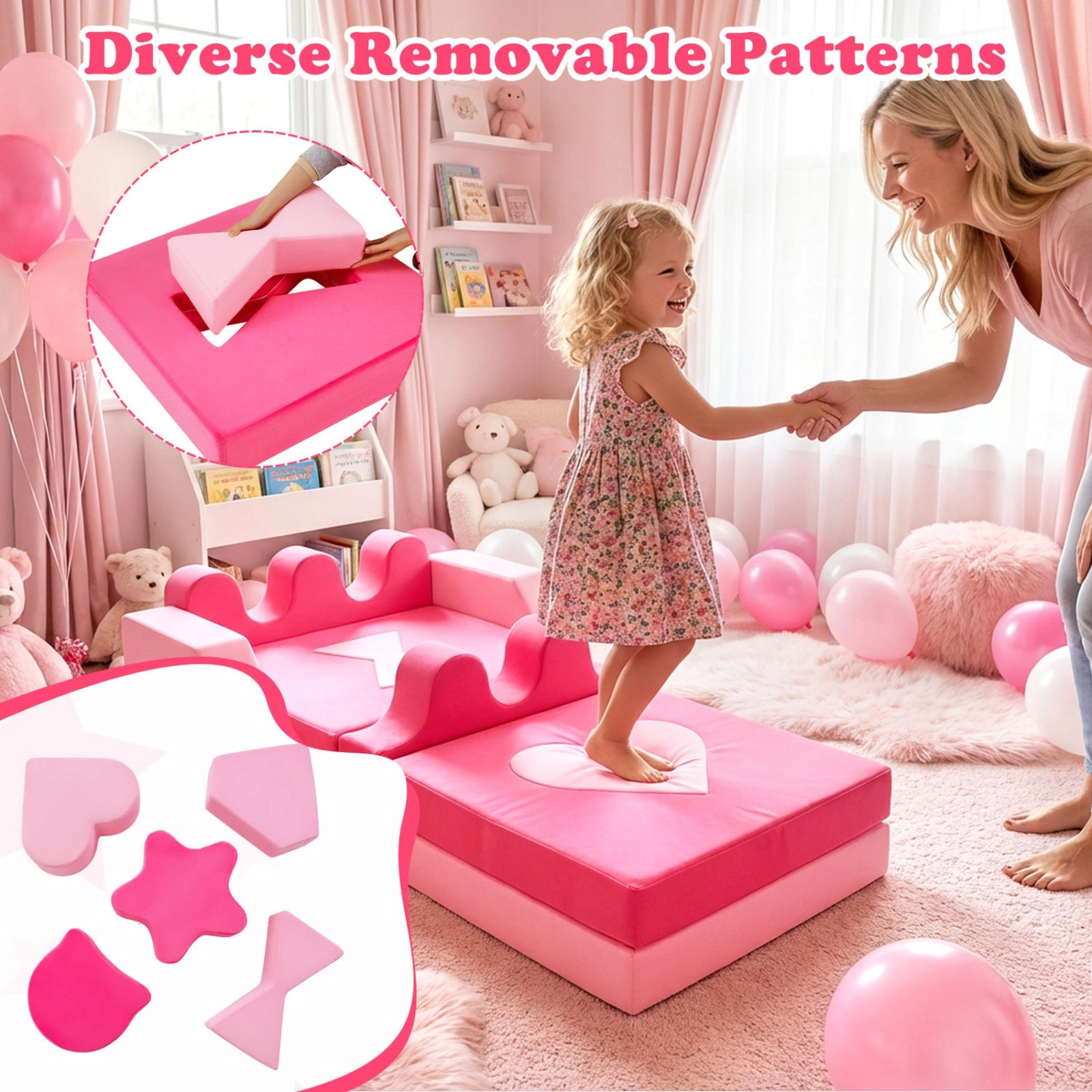 SUGIFT 14-Piece Kids Modular Foam Play Couch, Climbing Blocks, Soft Pink