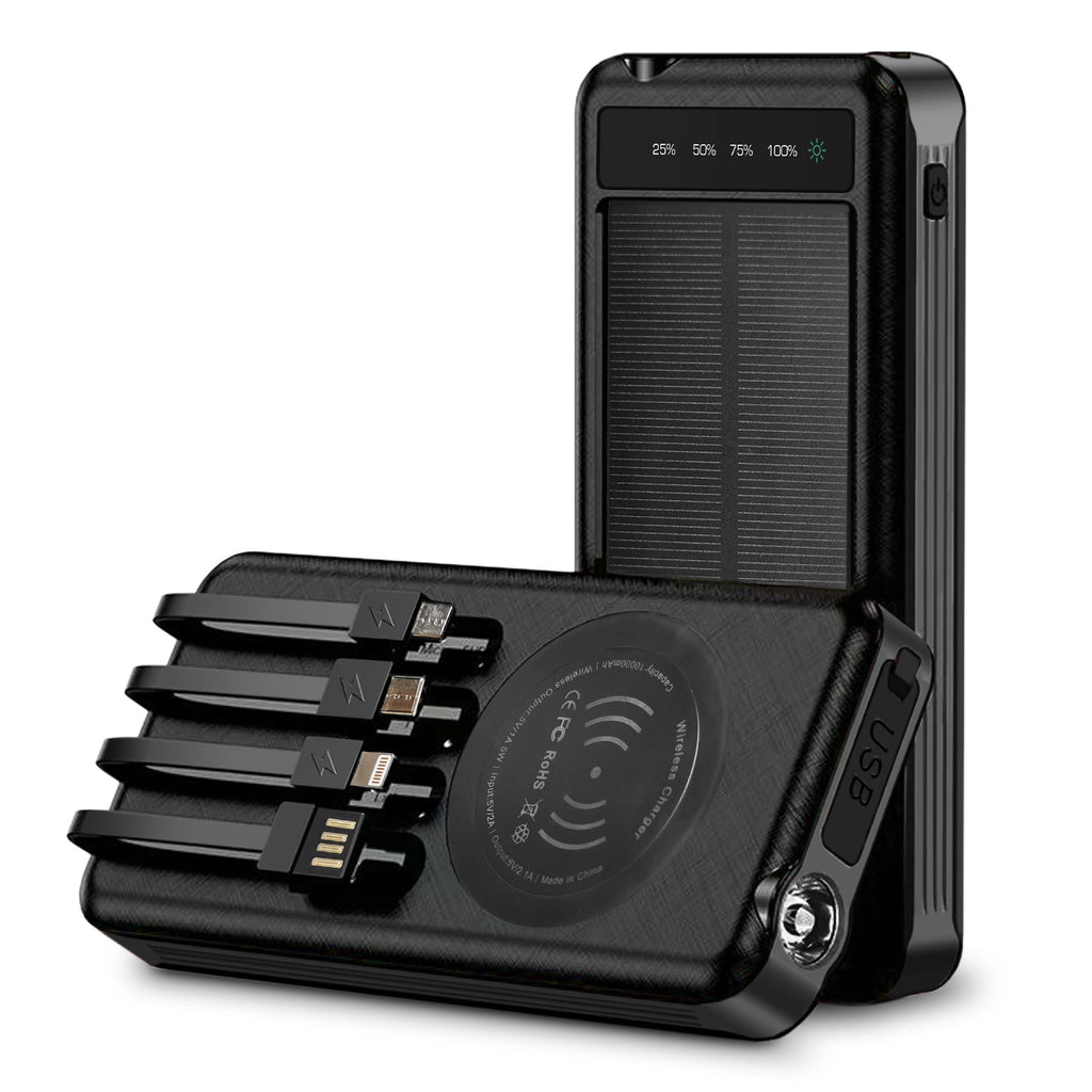 Alpha Digital 10,000mAh, Solar, 4 Cables, Wireless Charging - Power Bank