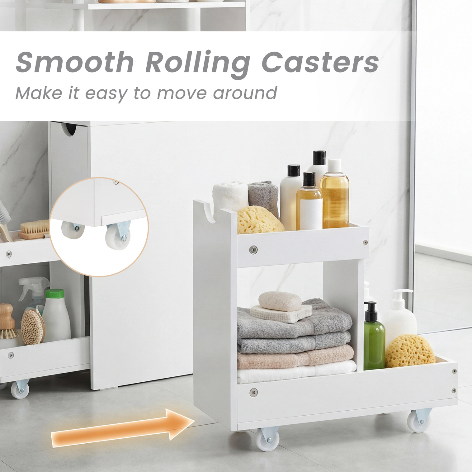 Slickblue Slim Bathroom Storage Cabinet White MDF Drawer Rolling Cart Open Shelves