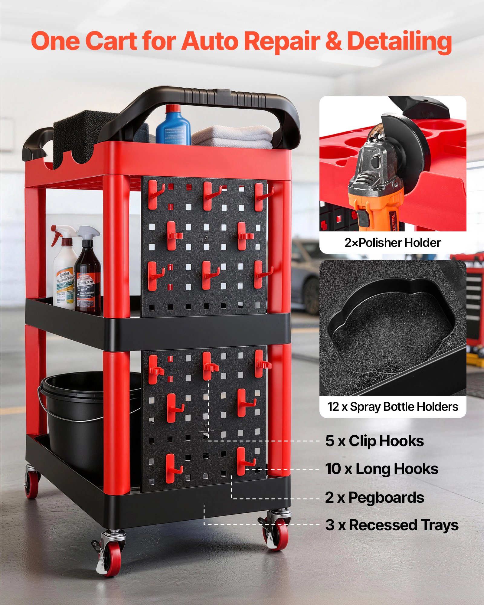 HONGGE 3-Tier Utility Cart with Pegboard & Tool Holders, 300 lbs Capacity, Rolling Cart for Garage & Detailing