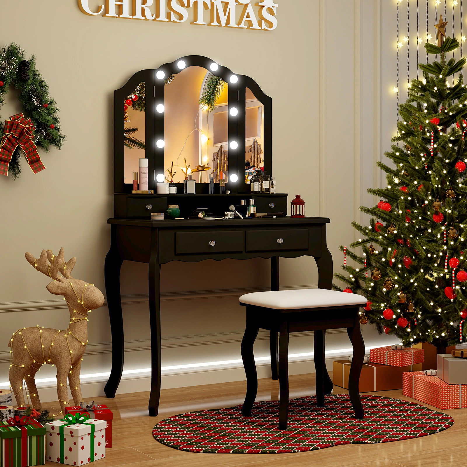 SUGIFT Lighted Tri-Folding Mirror Makeup Vanity Table Set with Drawers & Cushioned Stool 200-lb Tabletop Capacity 330-lb