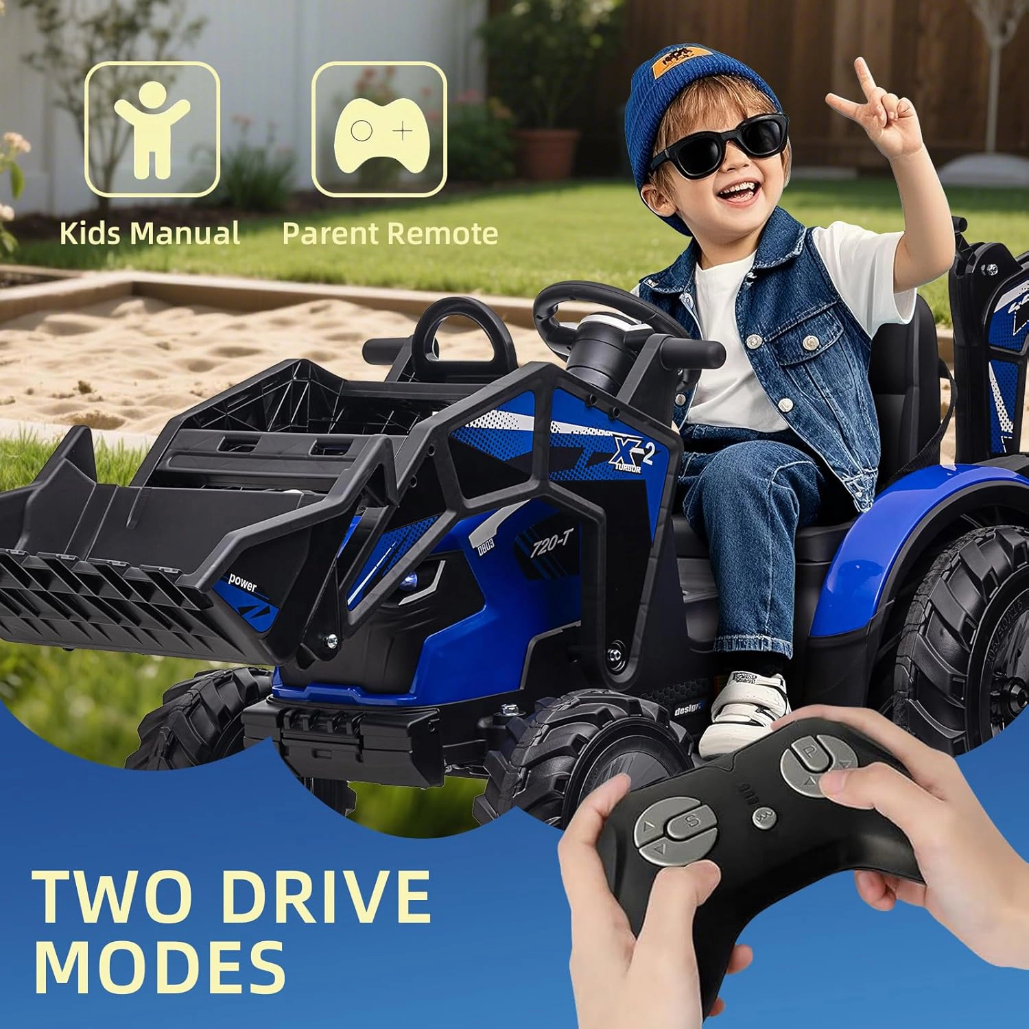 Enjyam 24V Kids Ride On Tractor, Excavator & Bulldozer w/ Trailer, Digger, Shovel Bucket, Remote, LED Lights, Music