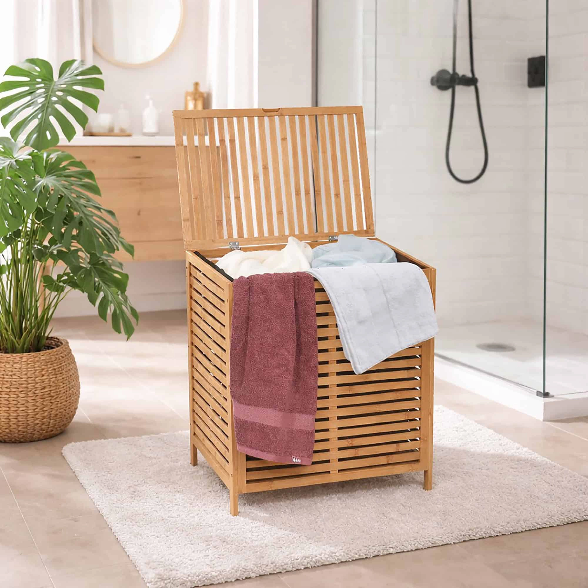 Evideco French Home Goods Bamboo Laundry Hamper with Hinged Lid, Removable Fabric Bag, Natural Bamboo