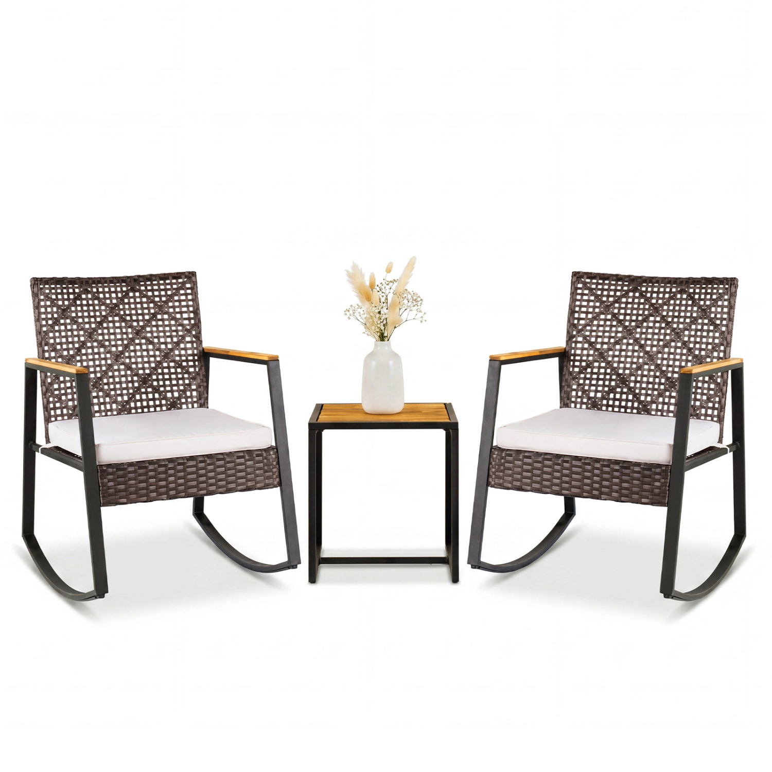 LJG 3-Piece Wicker Rocking Chair Set with Coffee Table and Cushions for Porch