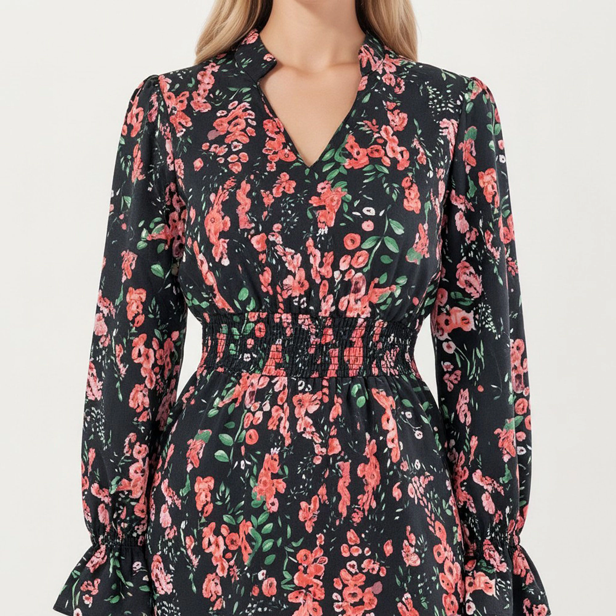 Anna-Kaci Women's Floral Print Smocked Waist Long Sleeve V Neck Ruffle Hem Dress