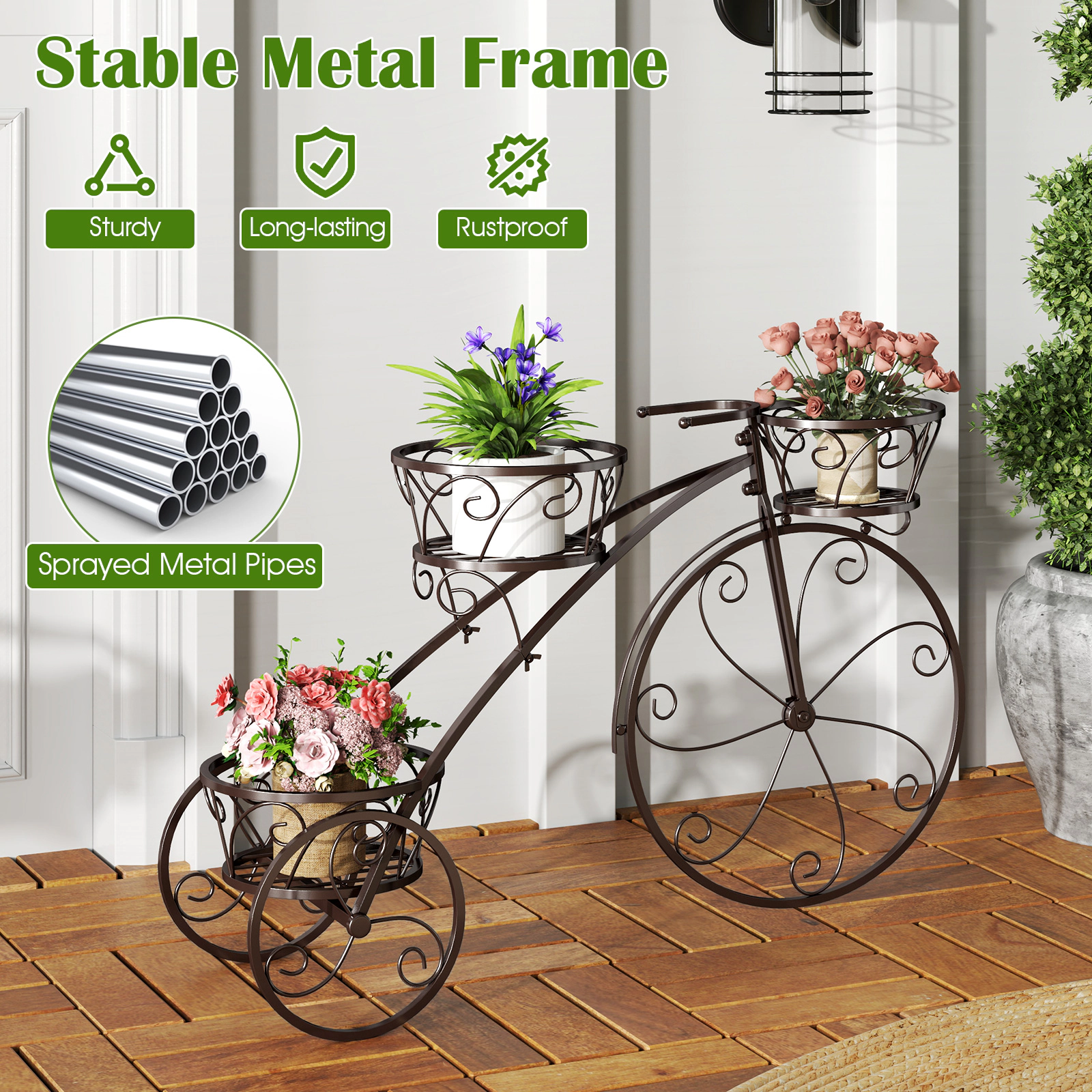 SUGIFT 3-Tier Tricycle Bicycle Metal Planter Flower Pot Stand Cart with Openwork Baskets for Patio
