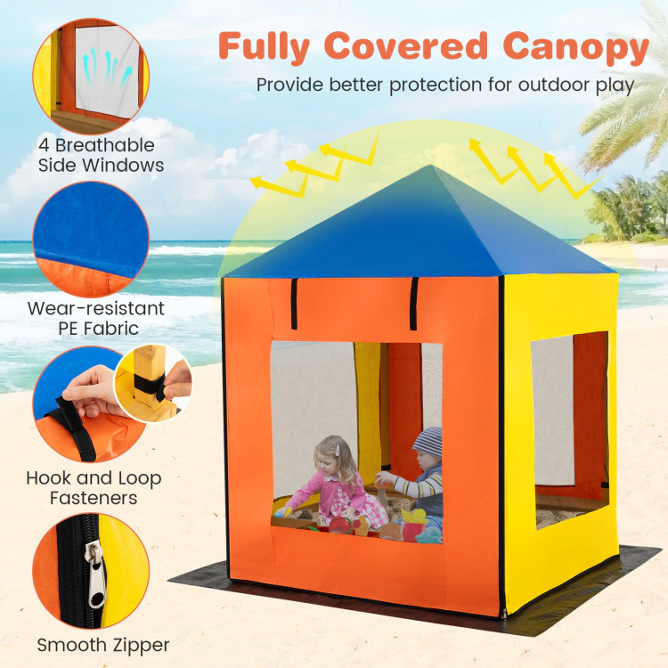 Hivvago Kids Wooden Sandbox with Canopy Large Sand Pit with Mesh Windows and Bottom Liner