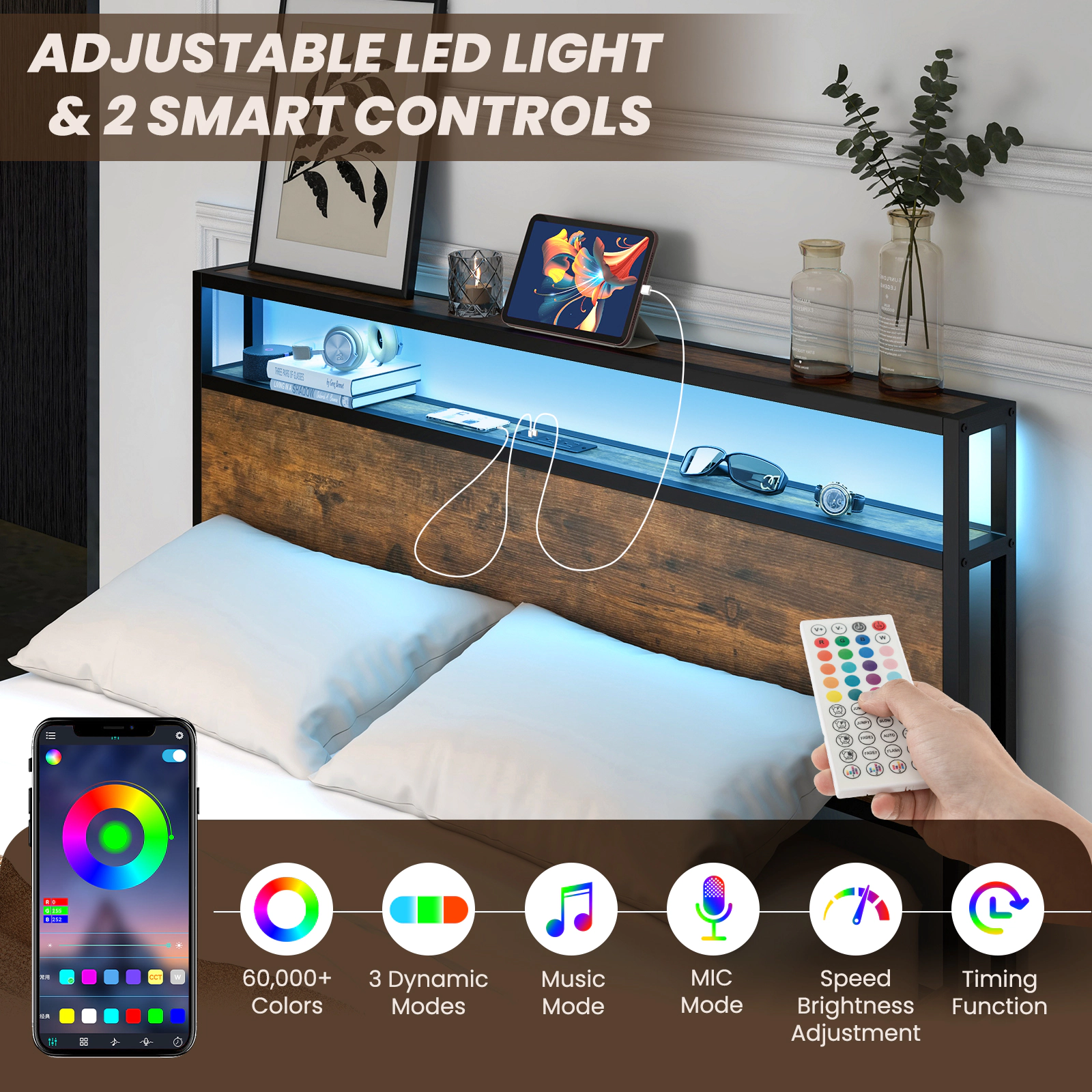 SUGIFT Full Size Bed Frame with Smart LED Lights, Headboard Storage Shelves and 4 Drawers 1100-lb Capacity Rustic Brown
