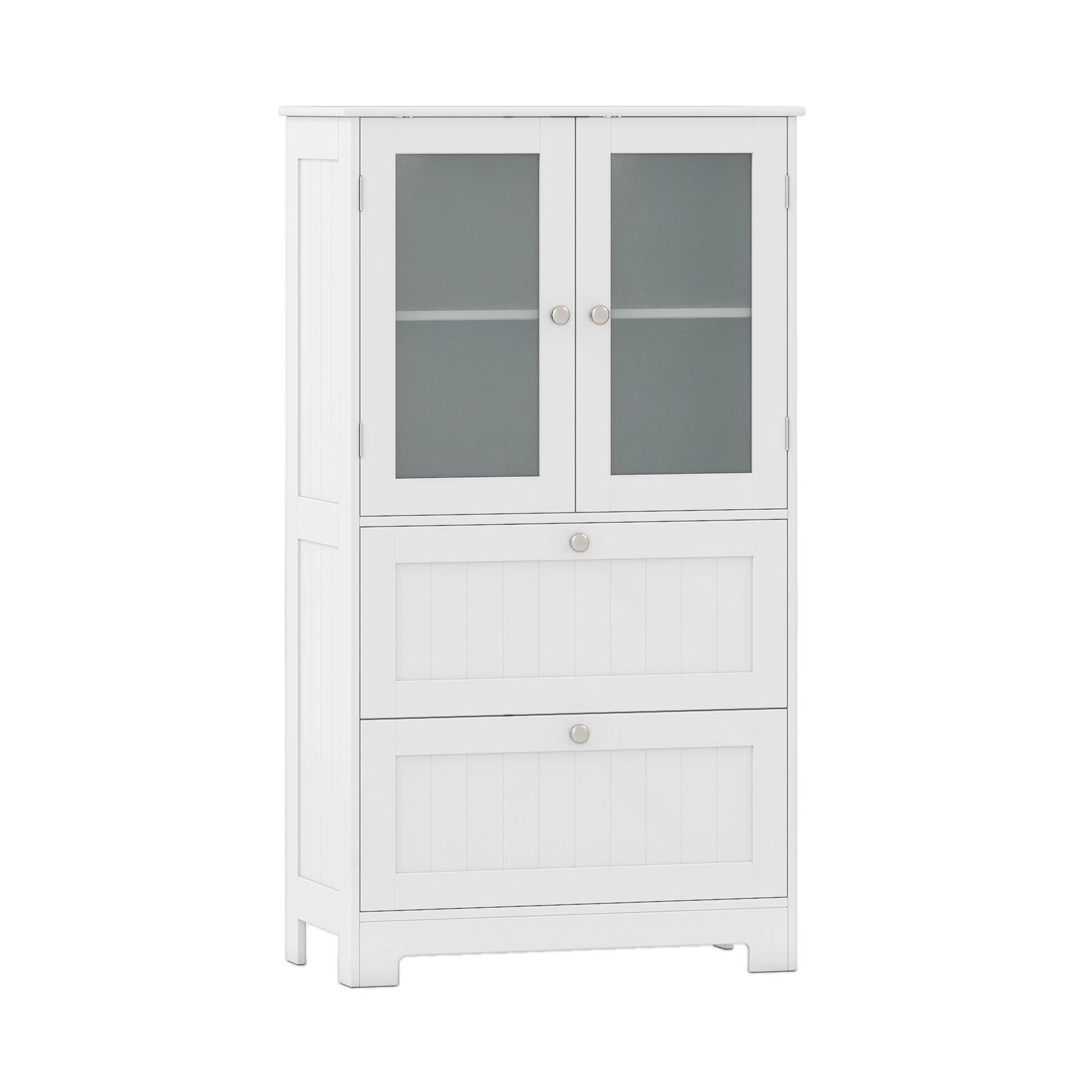 Slickblue White Glass Door Floor Storage Cabinet 2 Drawers Engineered Wood Countertop