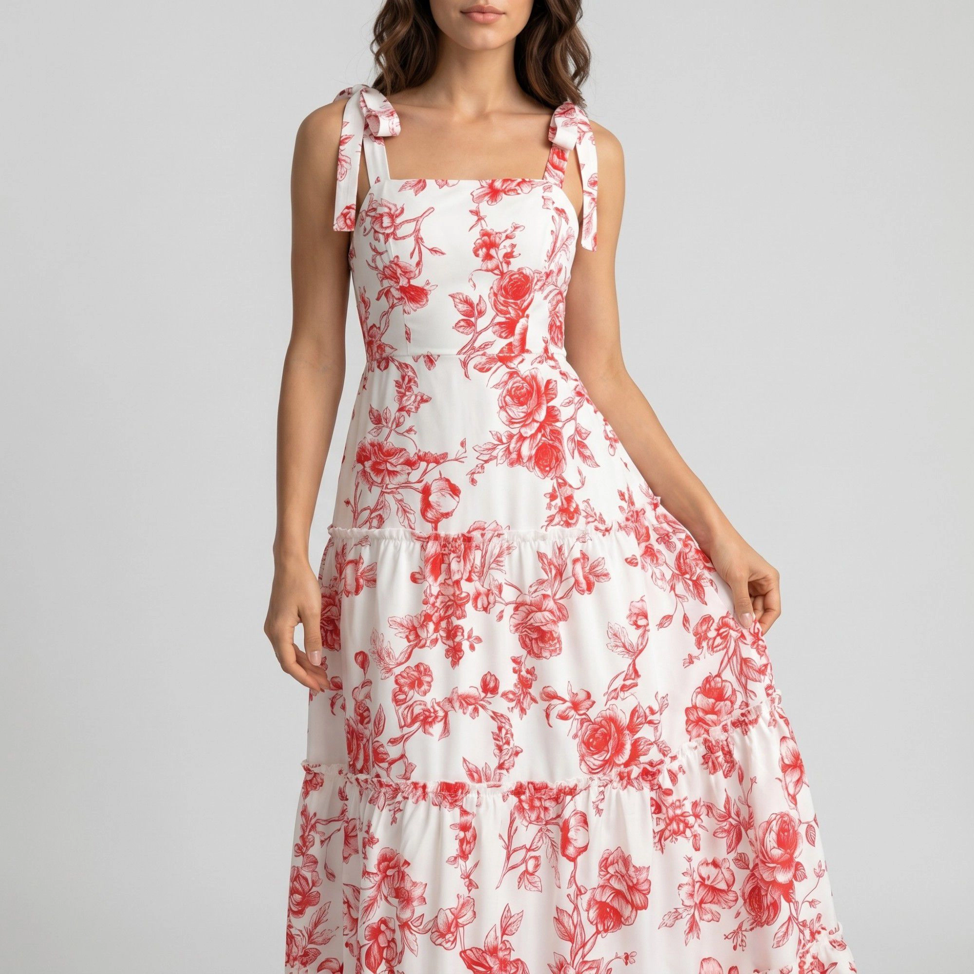 Anna-Kaci Women's Floral Print Tie Shoulder Smocked Bodice Tiered Square Neck A-Line Maxi Dress