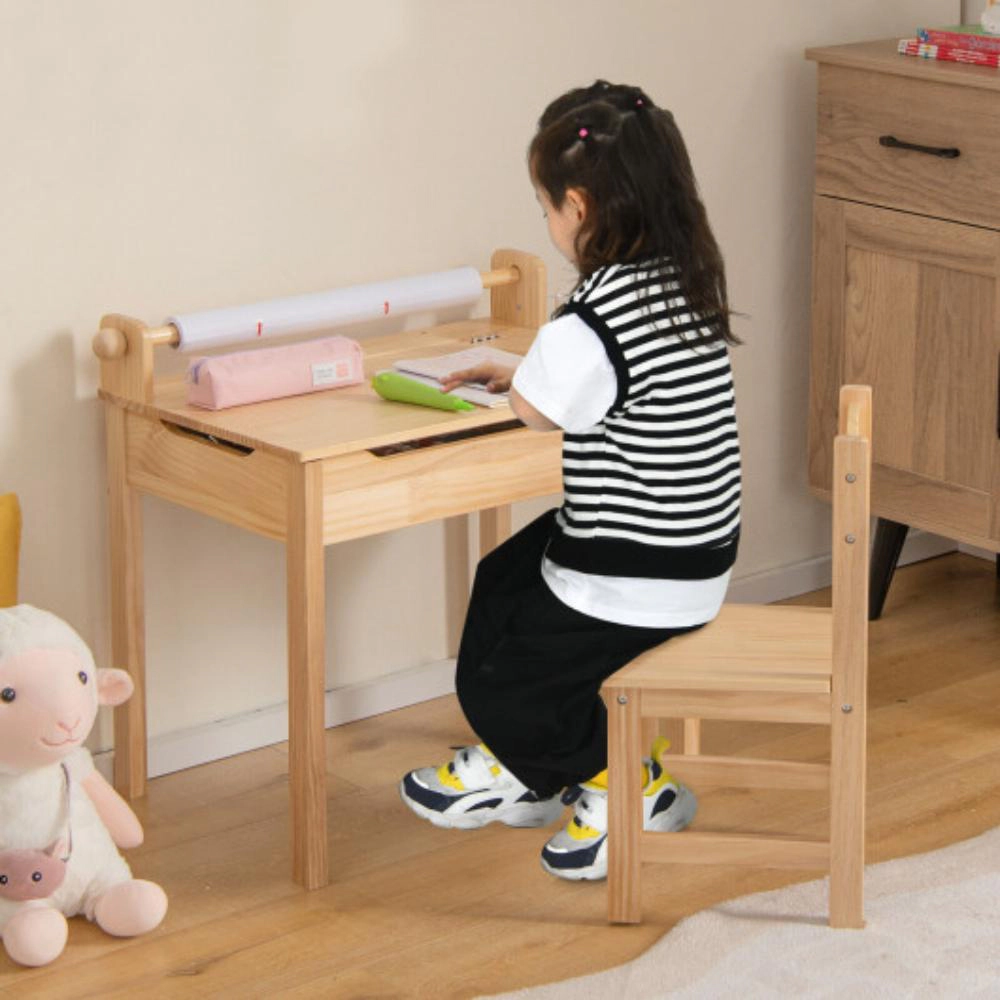 Hivvago Toddler Multifunctional Activity Table And Chair Set With Paper Roll Holder-Natural