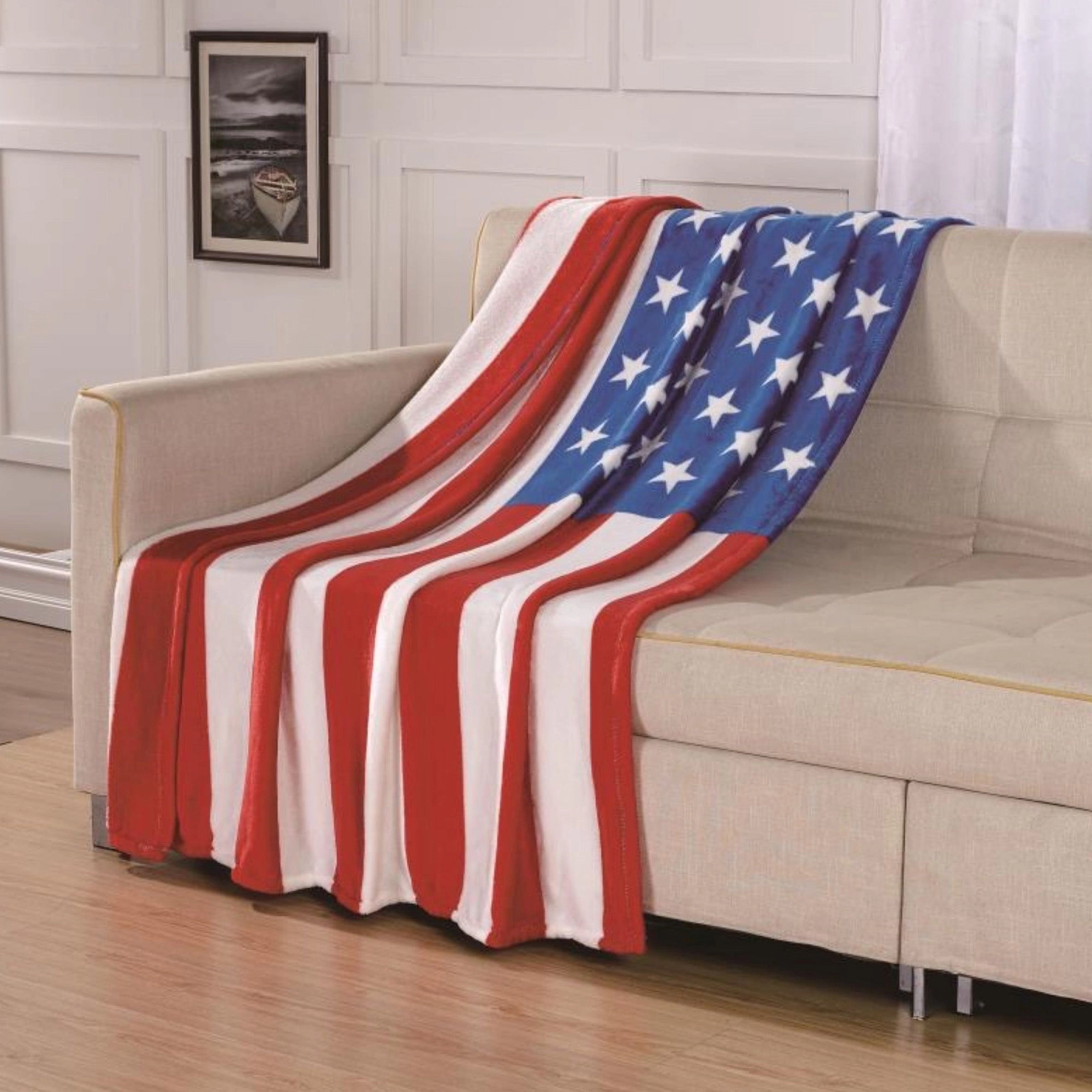 Plazatex America 250 100% Polyester Micro Plush American Flag Style Throw Blanket 50" x 70" Red