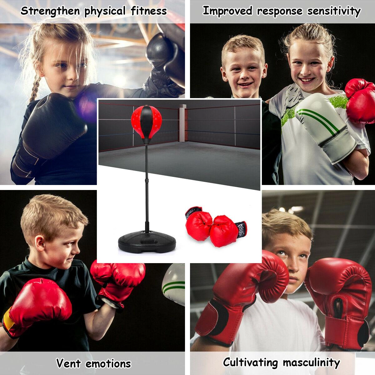SUGIFT Adjustable Kids Stand Punching Bag Toy Set with Boxing Gloves 32-48.5-in Tall Ages 3+ Pink+White Black+Red