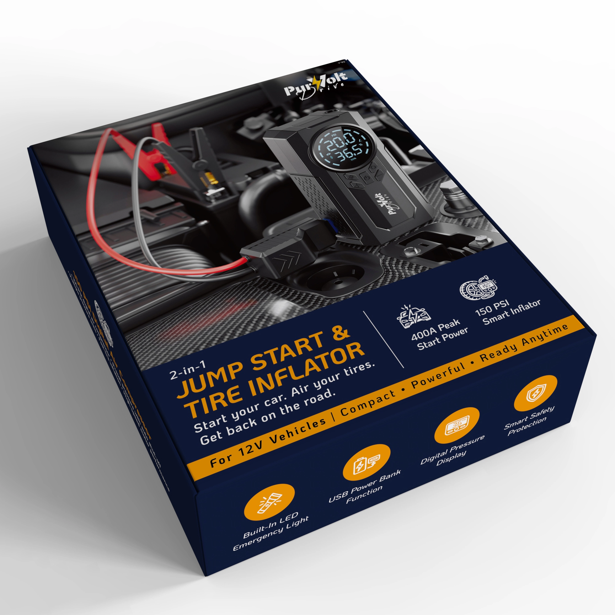 Purvolt Unisex Portable 2-in-1 Car Jump Starter & Tire Inflator with 400A Battery Booster & 150 PSI Air Compressor