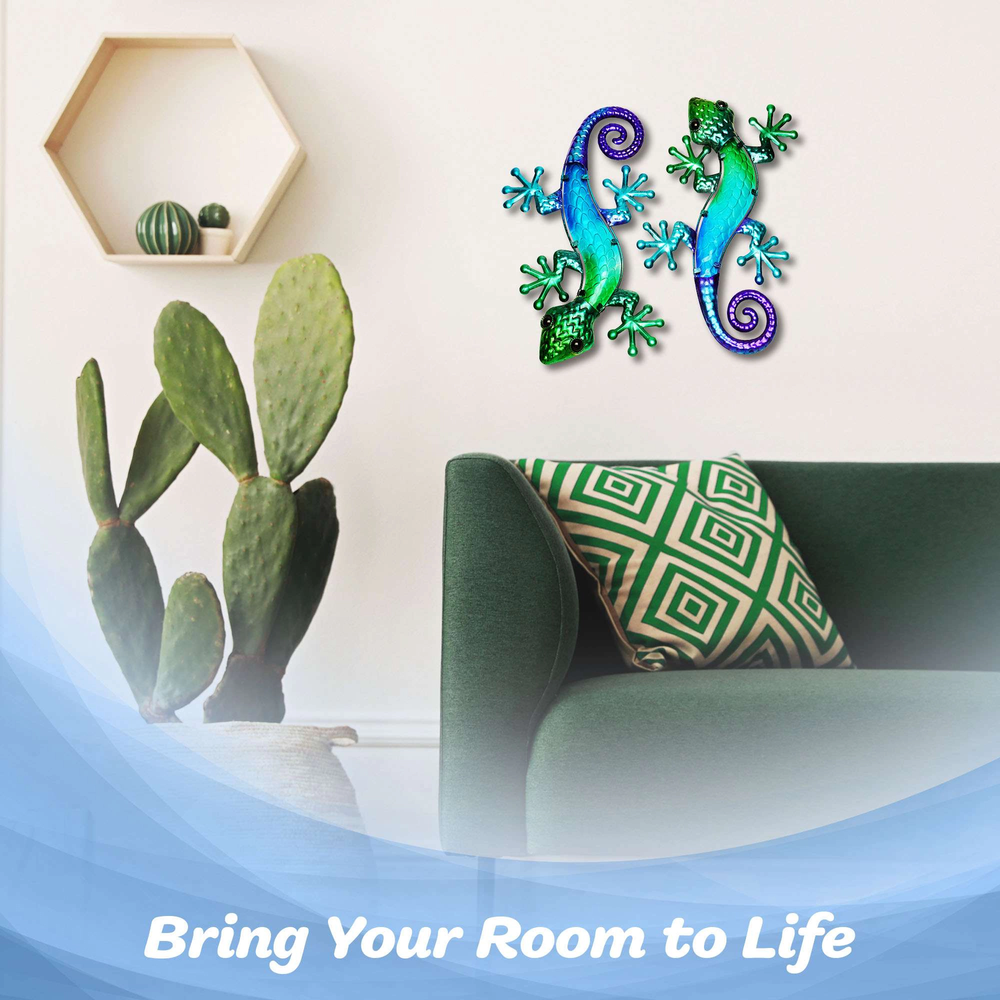 G128 Green Blue Metal Gecko Wall Art Set of 2