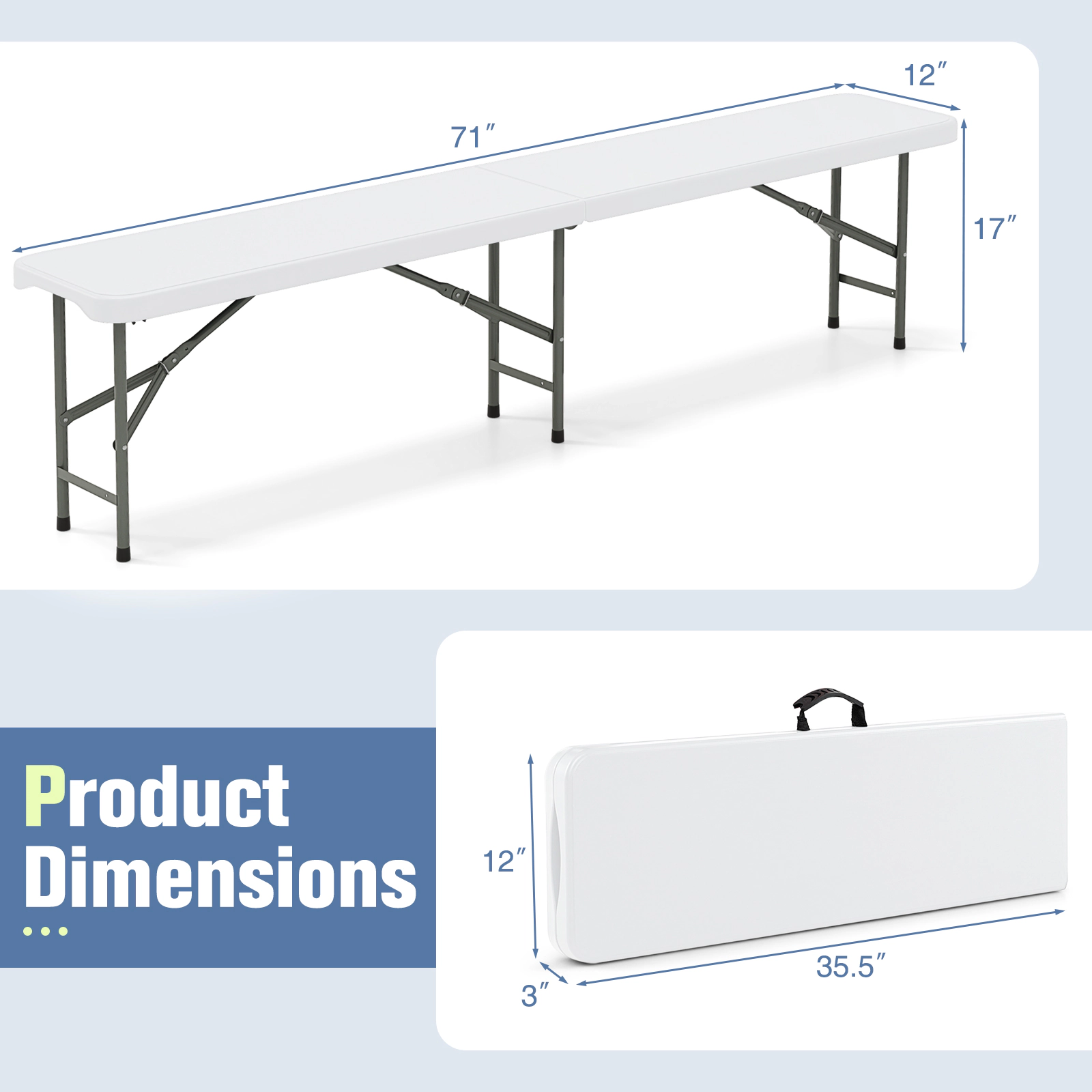 SUGIFT 6-Ft White and Gray Folding Bench, 660-Lb Capacity, Portable HDPE Seat