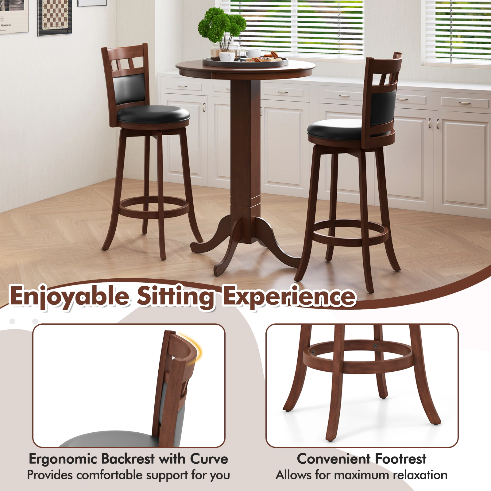 Glintex 2-Piece 31-Inch Swivel Bar Stool Set with Faux Leather Back and Seat, Espresso