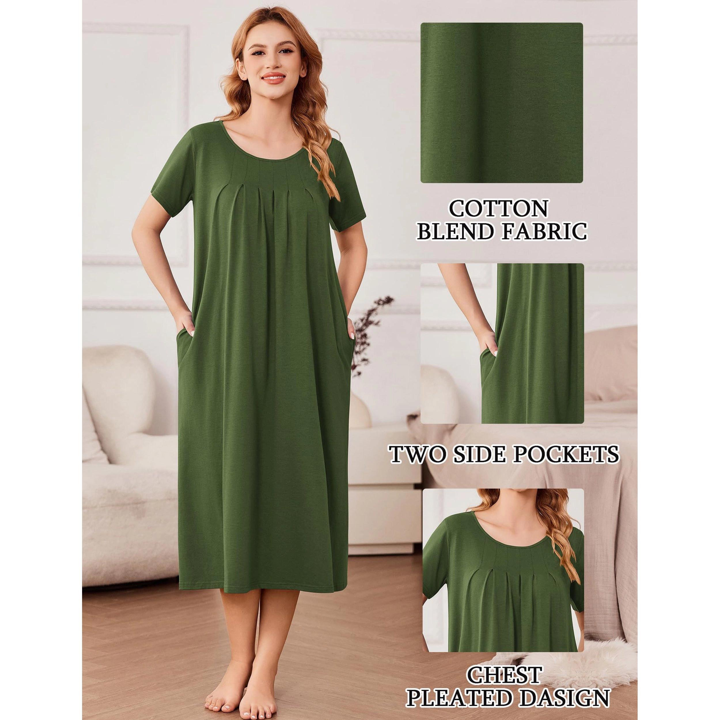 Ekouaer Cotton Nightgowns for Women Long House Dresses with Pockets Night Gowns Short Sleeve