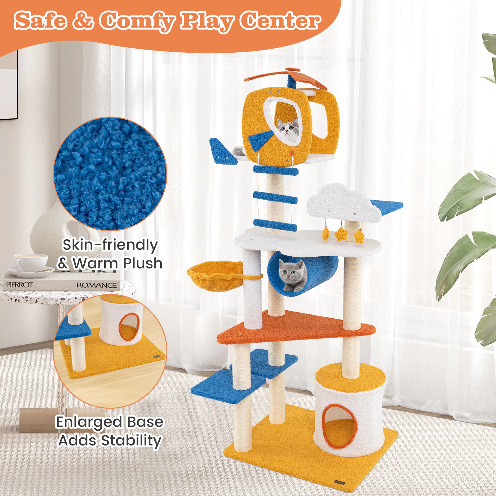 Glintex 70-Inch Aviation Cat Tree with Helicopter Perch Rotatable Basket and Tunnel, Blue