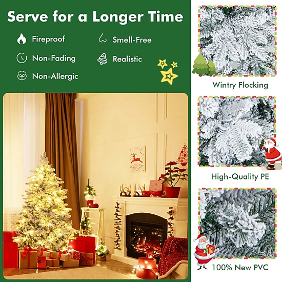 Costway 4.5 FT Pre-Lit Flocked Christmas Tree Hinged w/ 120 LED Lights & 757 Branch Tips