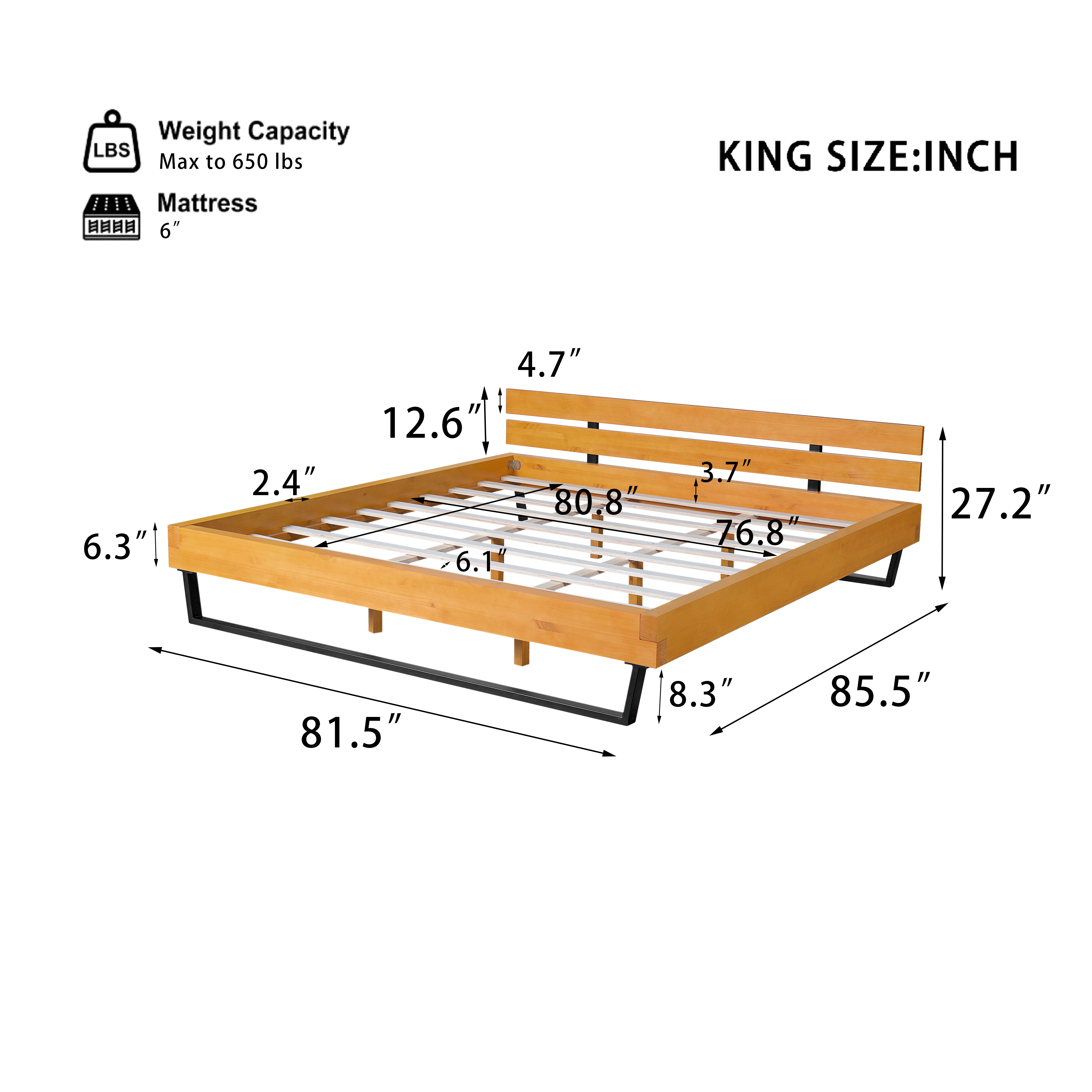 Flynama King Pine Wood Bed Frame, Natural & Black