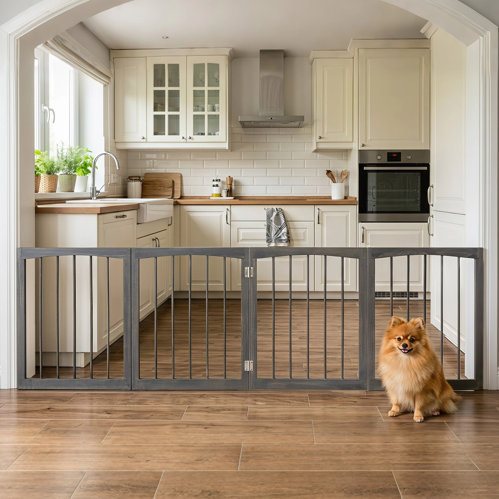 SUGIFT 83-in x 30-in 4-Panel Wooden Freestanding Indoor Dog Gate Pet Fence with 180-Degree Hinges