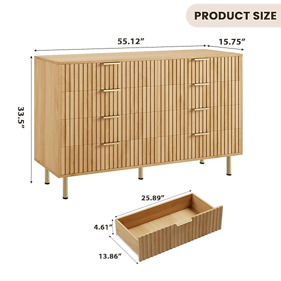 Fluted 8 Drawer Modern Dresser, 55" Wide Wooden Storage Organizer for Bedroom Living Room Hallway