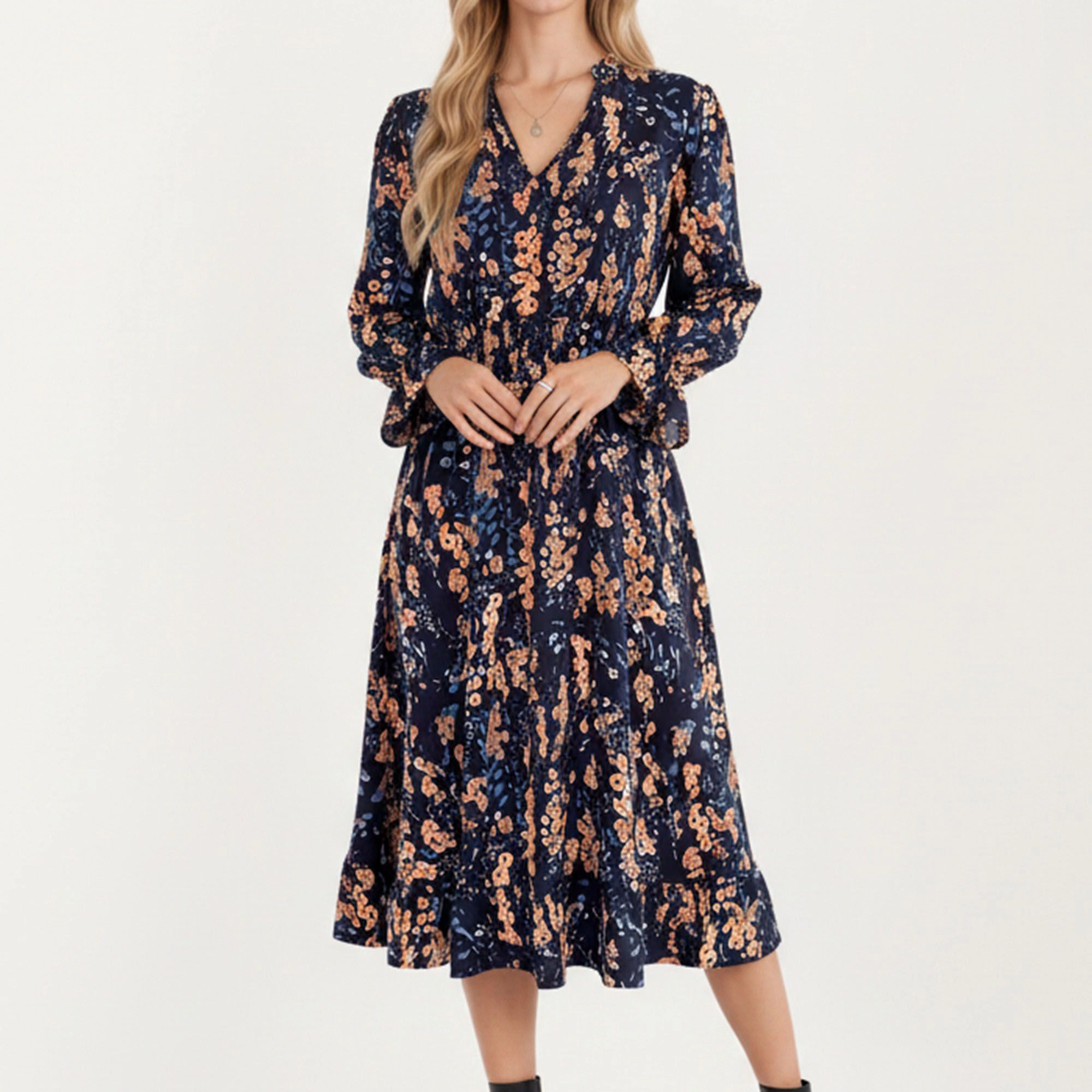 Anna-Kaci Women's Floral Print Smocked Waist Long Sleeve V Neck Ruffle Hem Dress