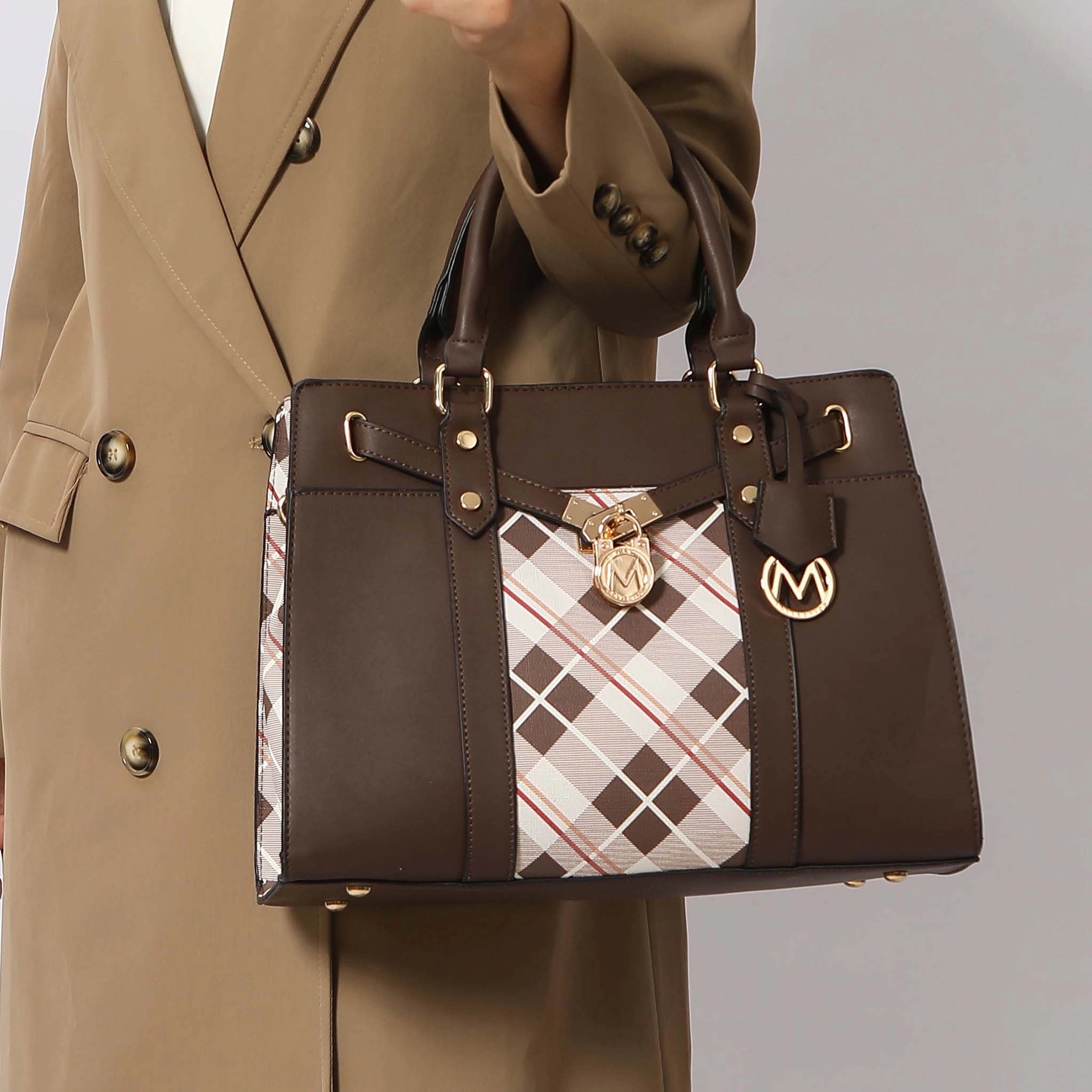 MKF Collection Christine Plaid Vegan Leather Satchel with Wristlet Wallet - Coffee