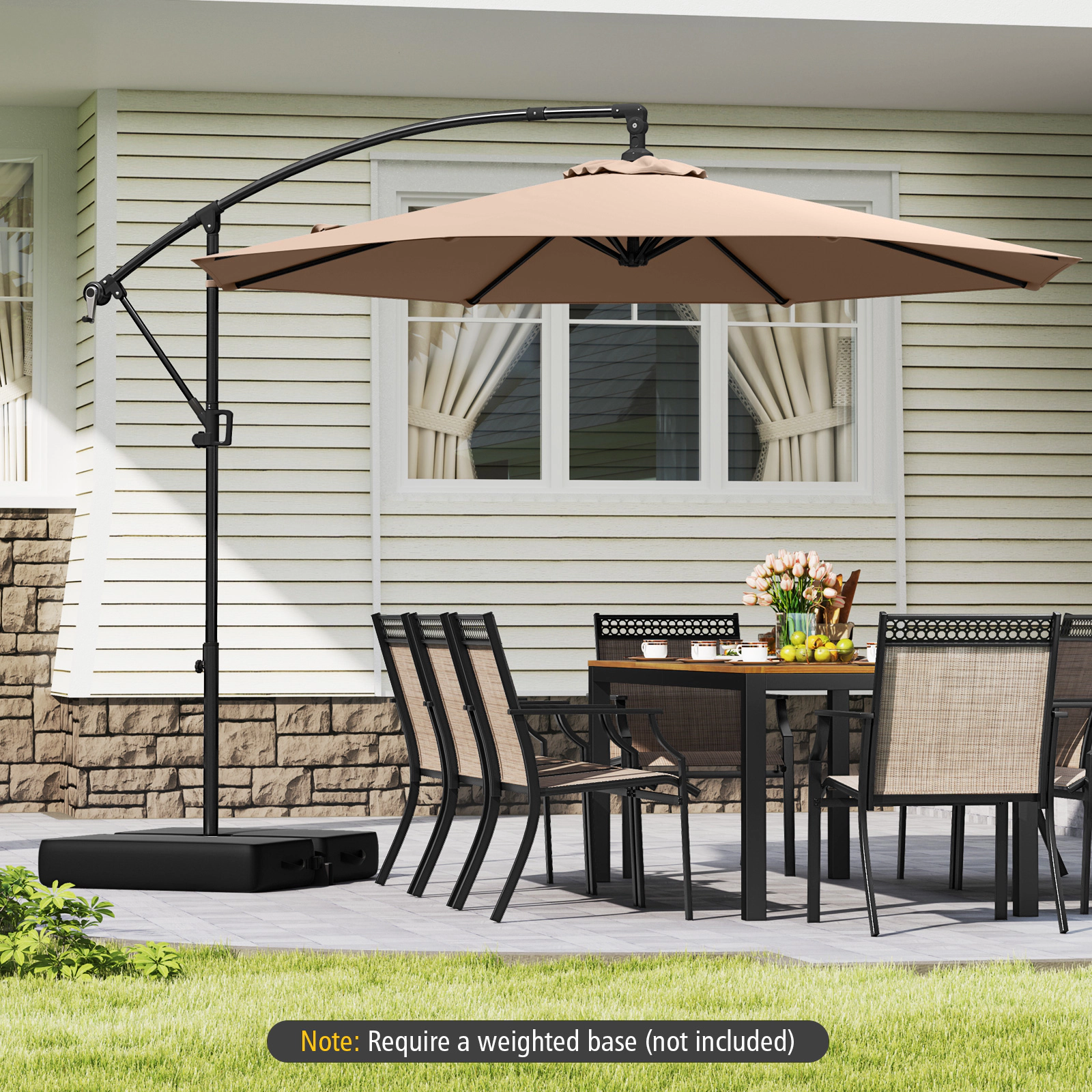 SUGIFT 10-ft Beige Offset Hanging Patio Umbrella with Base Infinite Tilt and 360-Degree Rotation for Garden
