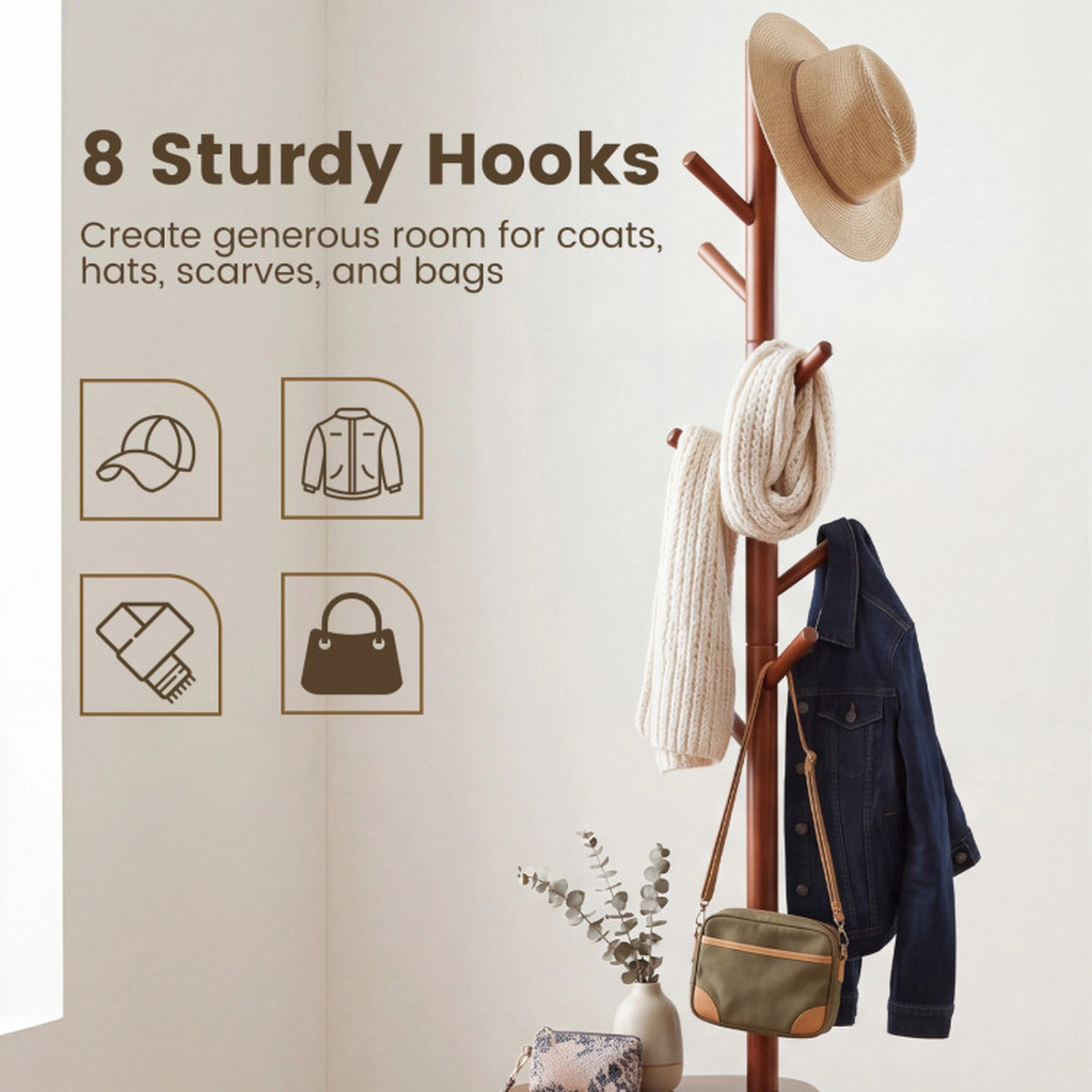 SUGIFT 8-Hook Rubber Wood Coat Rack with 2 Storage Shelves 11-lb Hook and 22-lb Shelf Capacity 70-in Tall Walnut