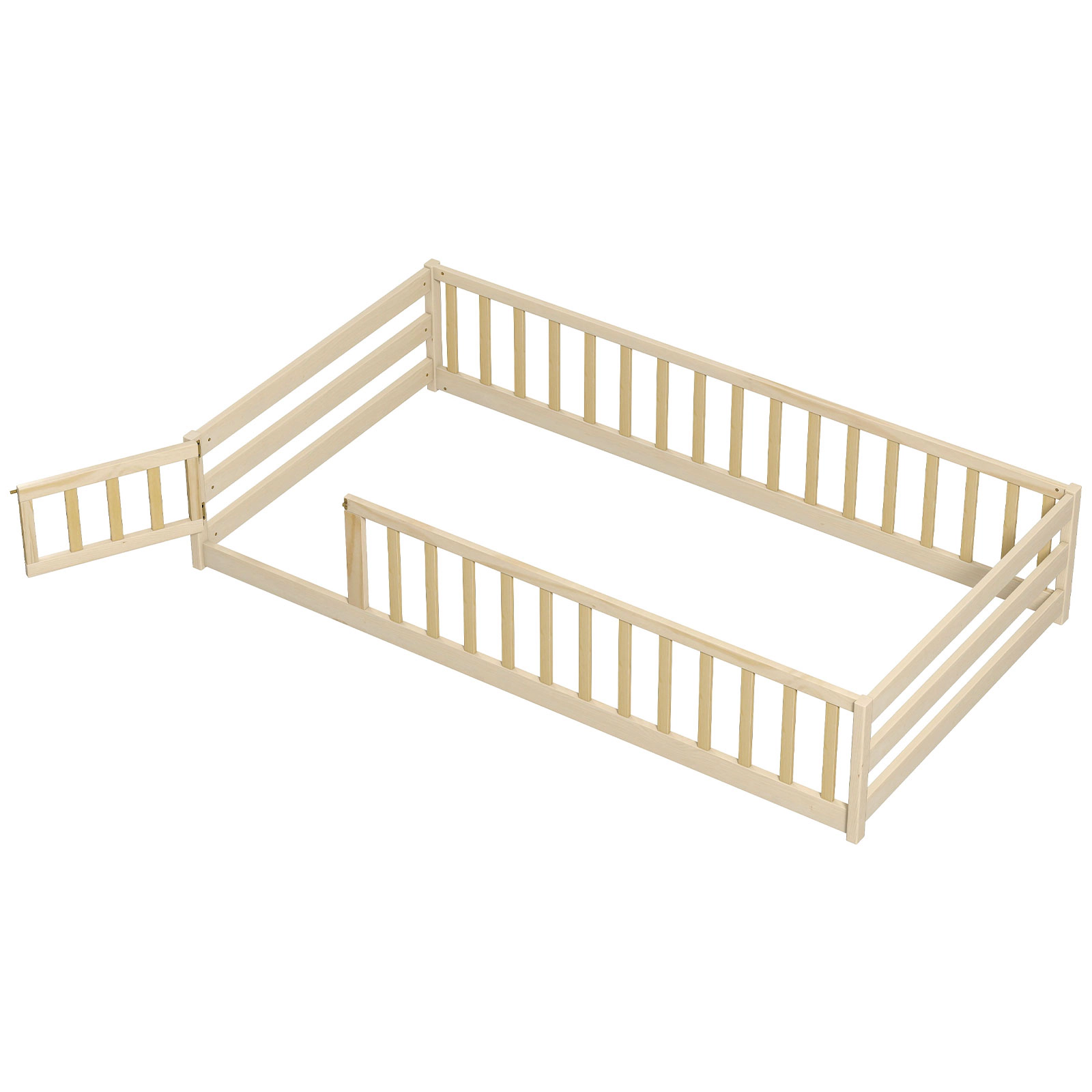 SUGIFT Low-to-Ground Twin Size Montessori Toddler Floor Bed Fence & Lockable Door 78-in Long Pine Wood Frame Natural