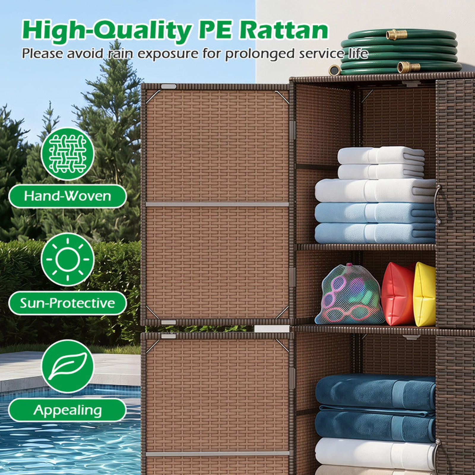 SUGIFT 4-Door Adjustable Shelves Hand-Woven PE Rattan Vertical Storage Shed 35.5-in x 16-in x 58-in 80-lb Shelf Brown