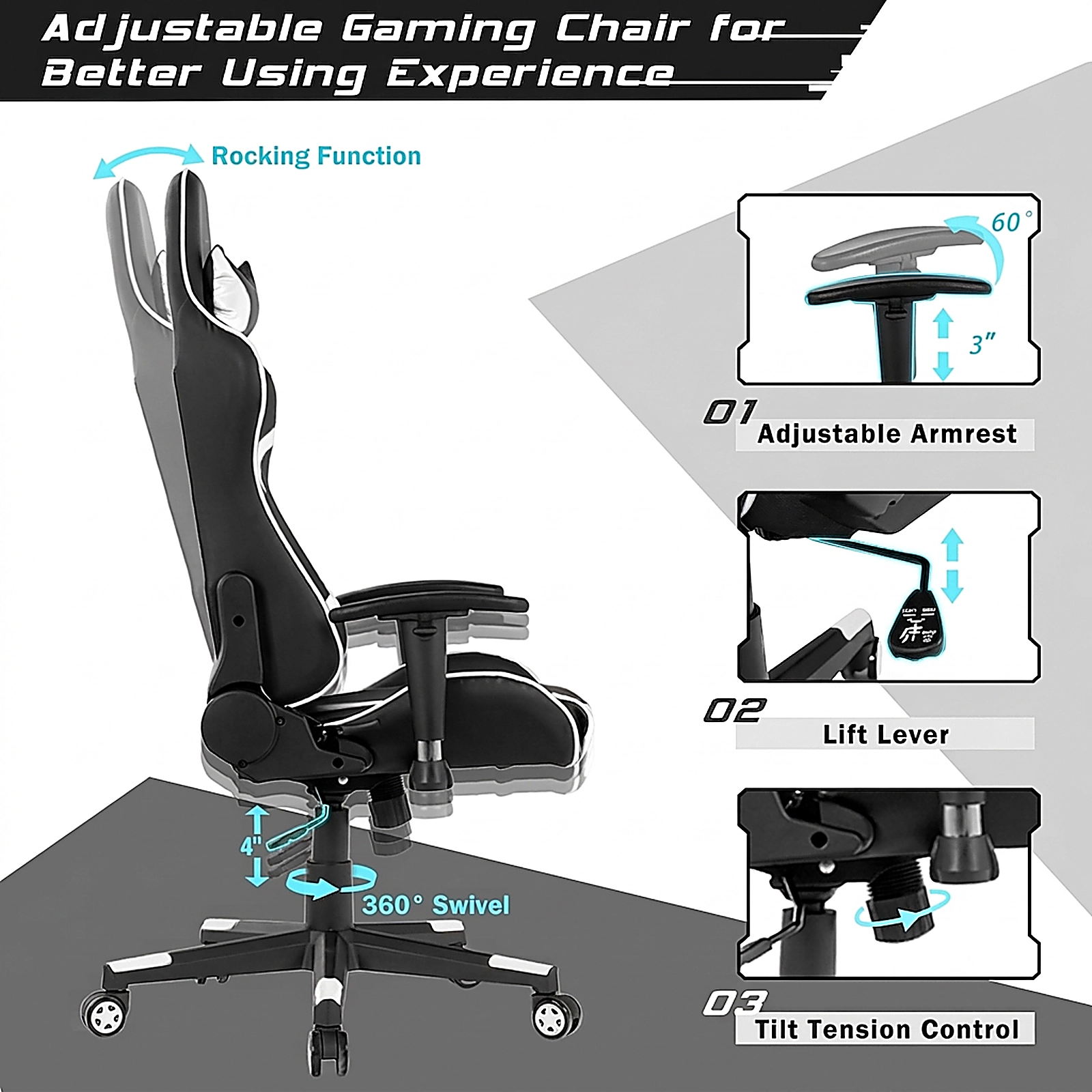 SUGIFT Reclining Swivel Massage Gaming Chair Lumbar Support 330-Lb Capacity 29-in Wide Seat Adjustable Backrest White