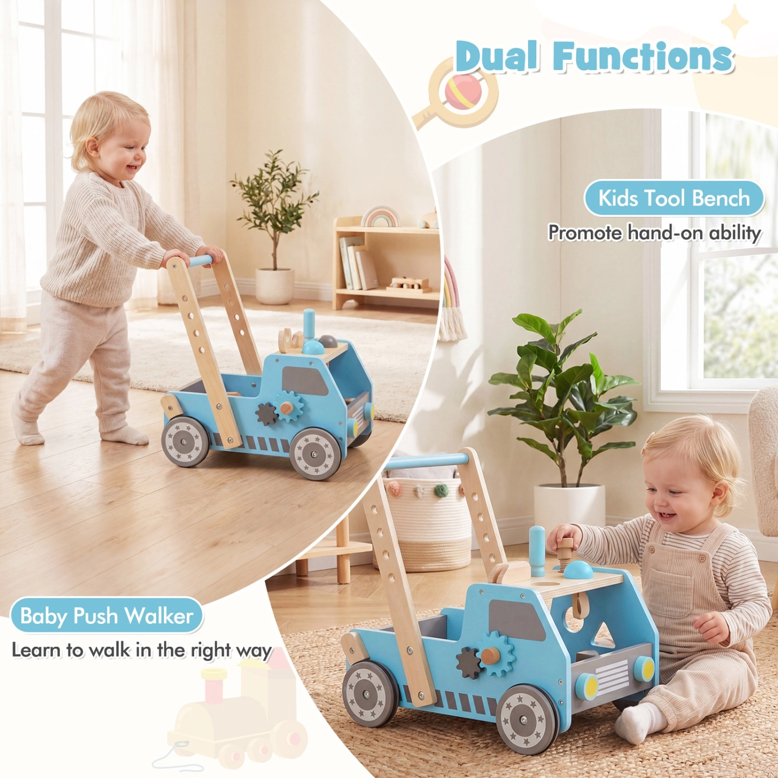 2-in-1 Wooden Kids Tool Bench with Truck Shaped Push Walker 2 Speed Settings and Bottom Toy Storage Blue Workbench