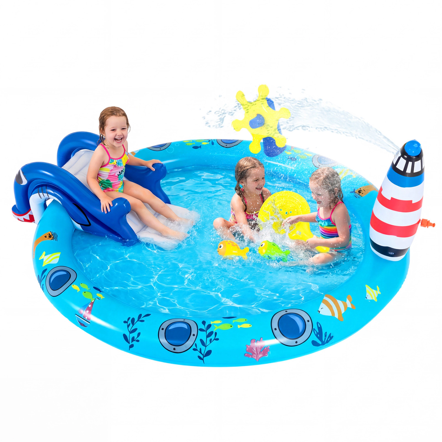 LJG Kids Inflatable Play Center Marine Life Spray Pool with Shark-Shaped Slide Lighthouse Sprinkle