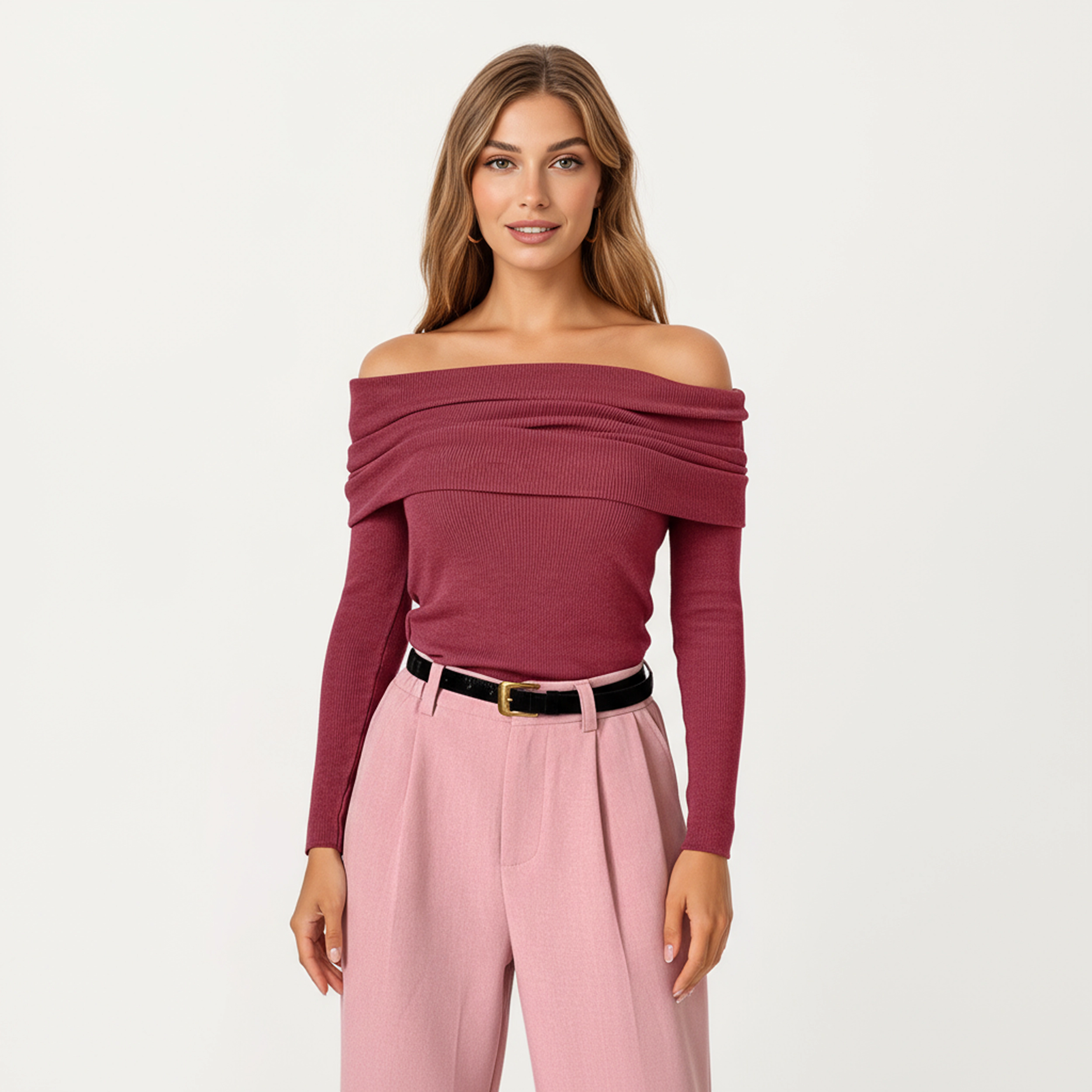 Anna-Kaci Women's Off-Shoulder Ribbed Knit Long Sleeve Top with Foldover Neckline