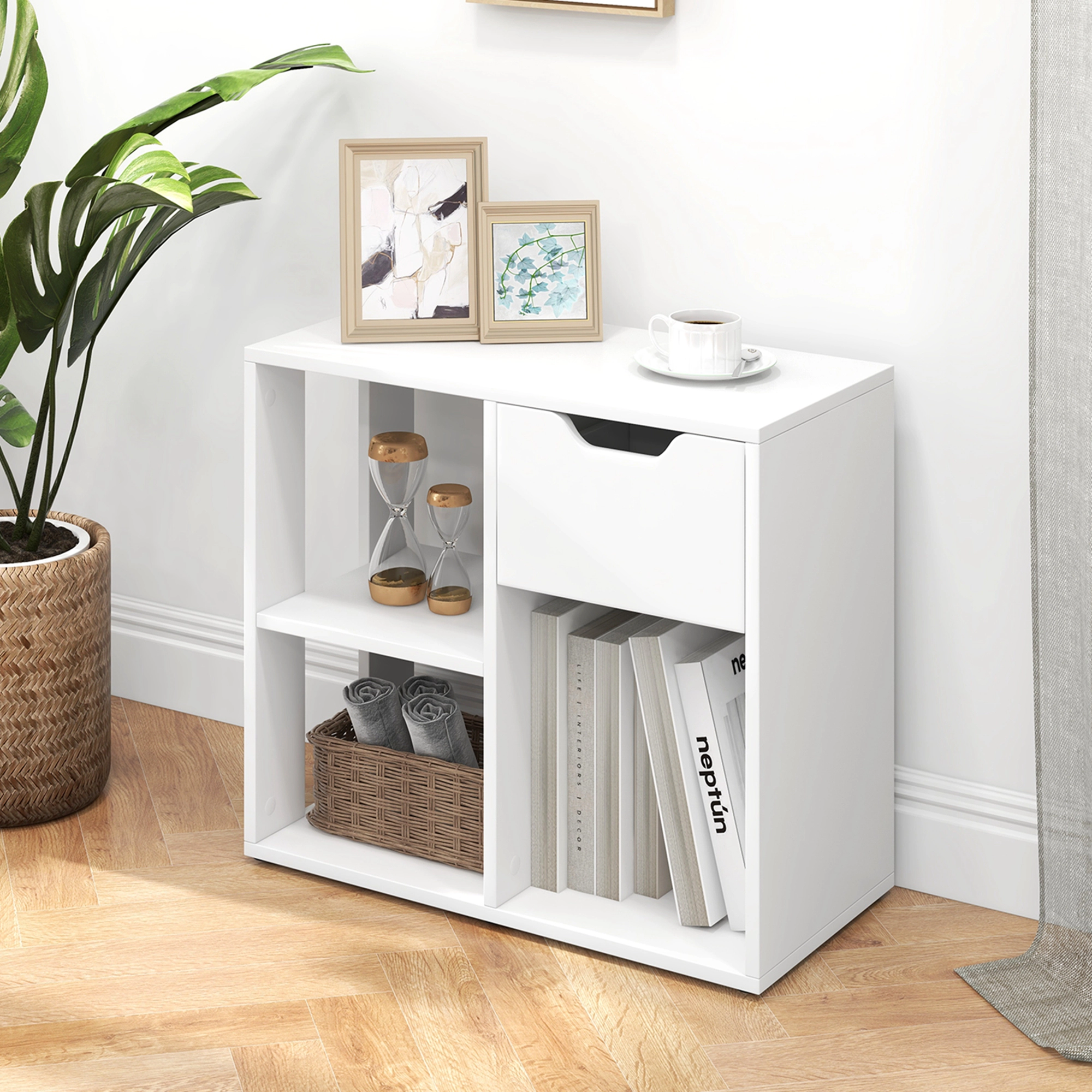 Costway 3-Cube Bookcase Organizer with 2-tier Wooden Storage Shelf & Pull-out Drawer