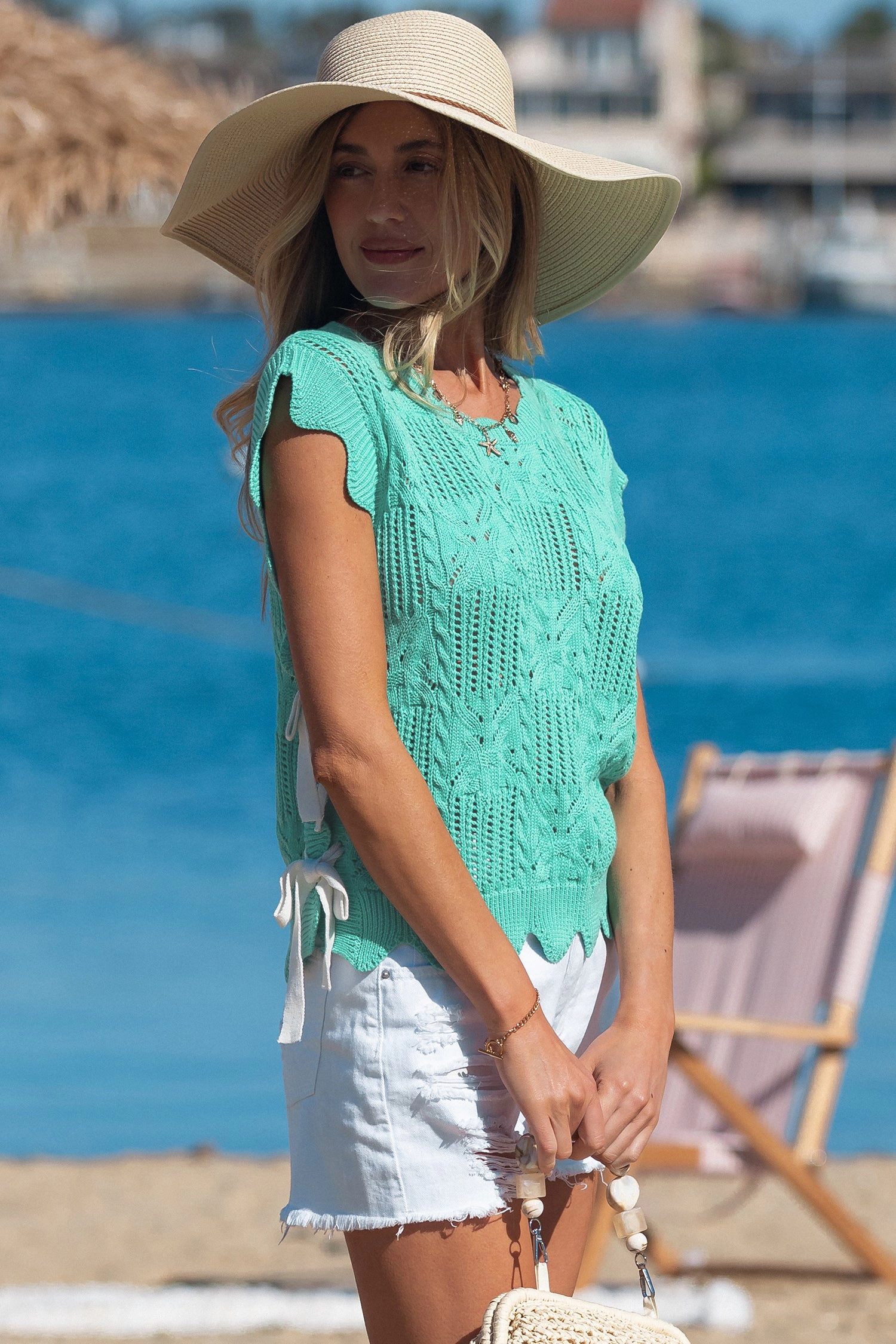 Threaded Pear River Trim Short Sleeve Sweater