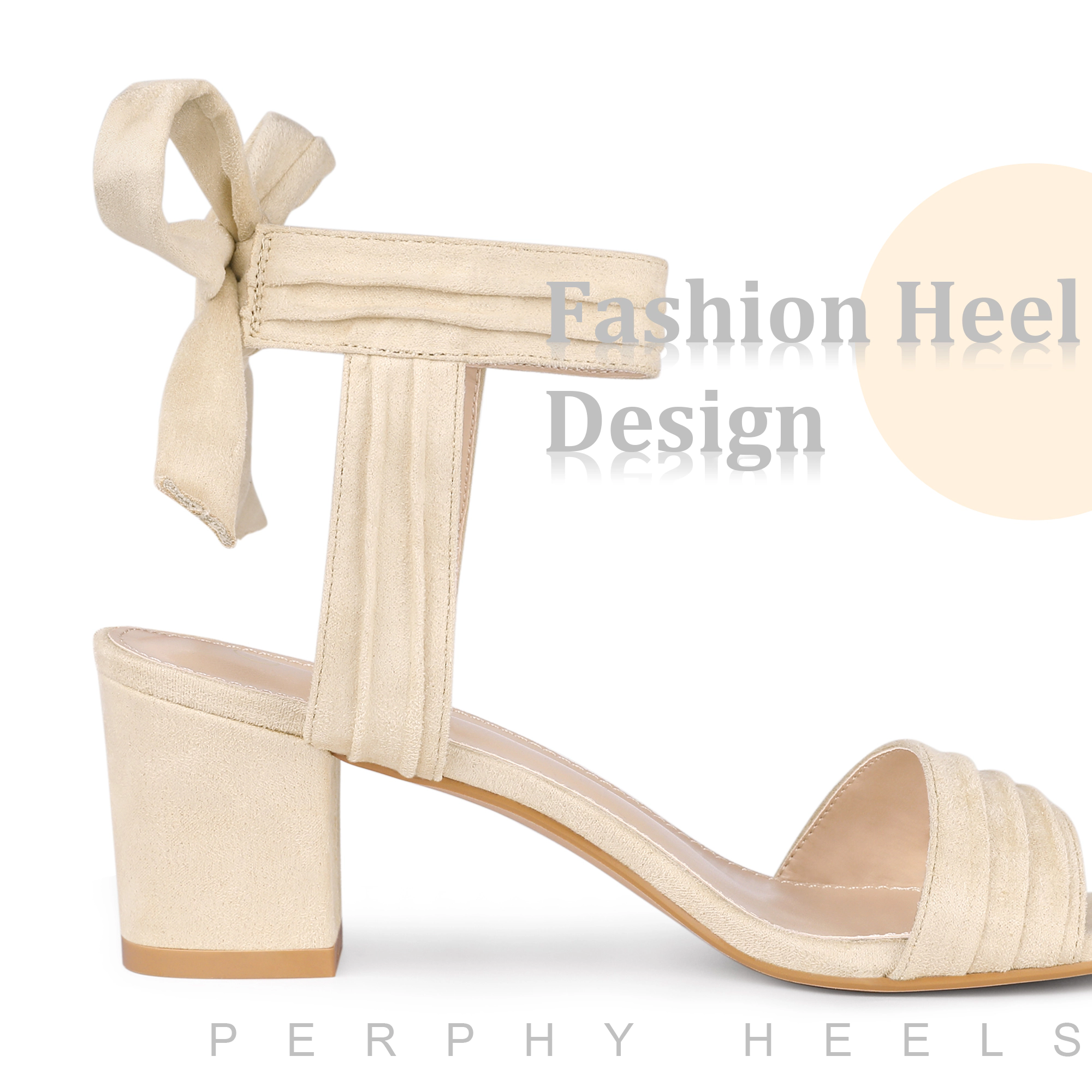 BLISSFUL STEP Women's Faux Suede Pleated Open Toe Lace Up Chunky Heels Sandals