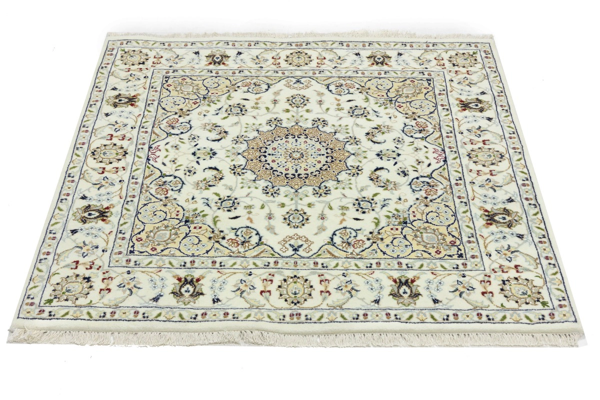 Magic Rugs 4'2 x 4'2 Hand Knotted Indo-Nain Cream Floral Wool Square Rug