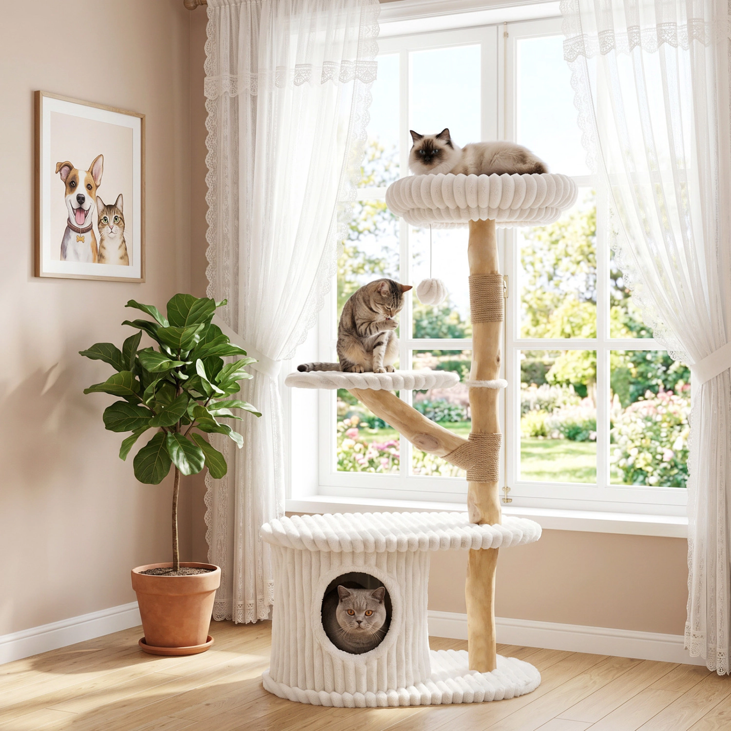 LJG 41 Inch Tall Modern Cat Tower with Real Wood Branches Scratching Posts for Indoor