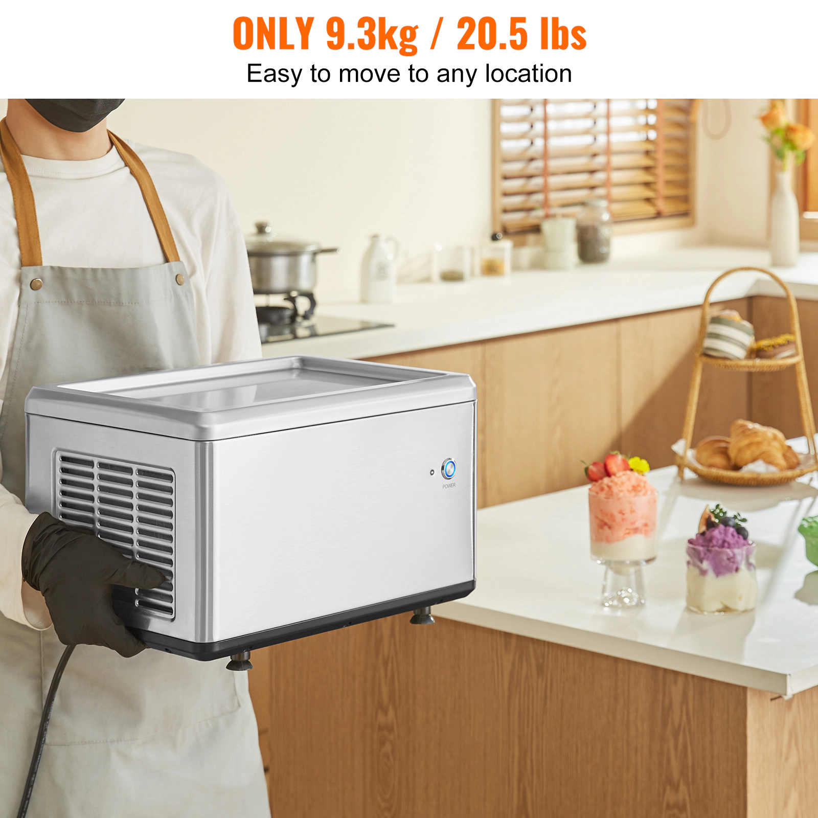 HONGGE Fried Ice Cream Roll Machine Stir-Fried Ice Cream Pan Stainless Steel Rolled Ice Cream Maker with Compressor and