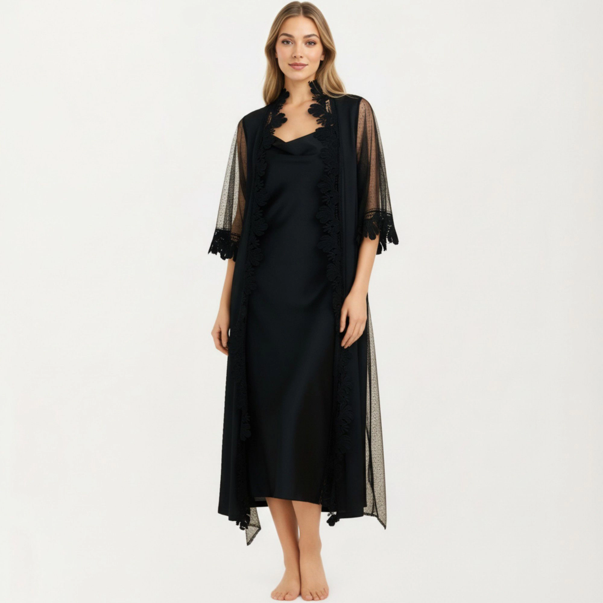 Anna-Kaci Women's 2-Piece Smooth Sleepwear Slip Dress with Sheer Lace Trim Robe Lightweight Long Nightgown Set