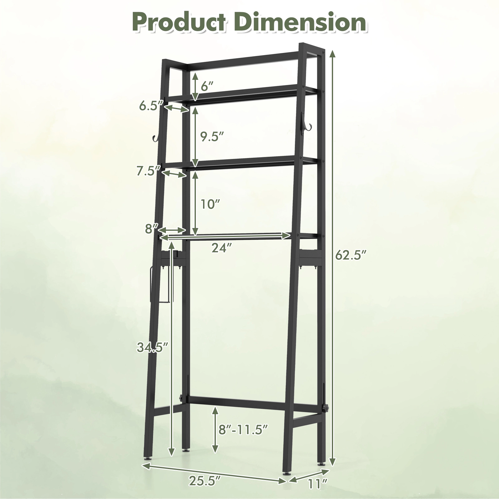 SUGIFT 3-Tier 62.5-in Tall Over the Toilet Storage Shelf Metal Bathroom Organizer with Adjustable Bar