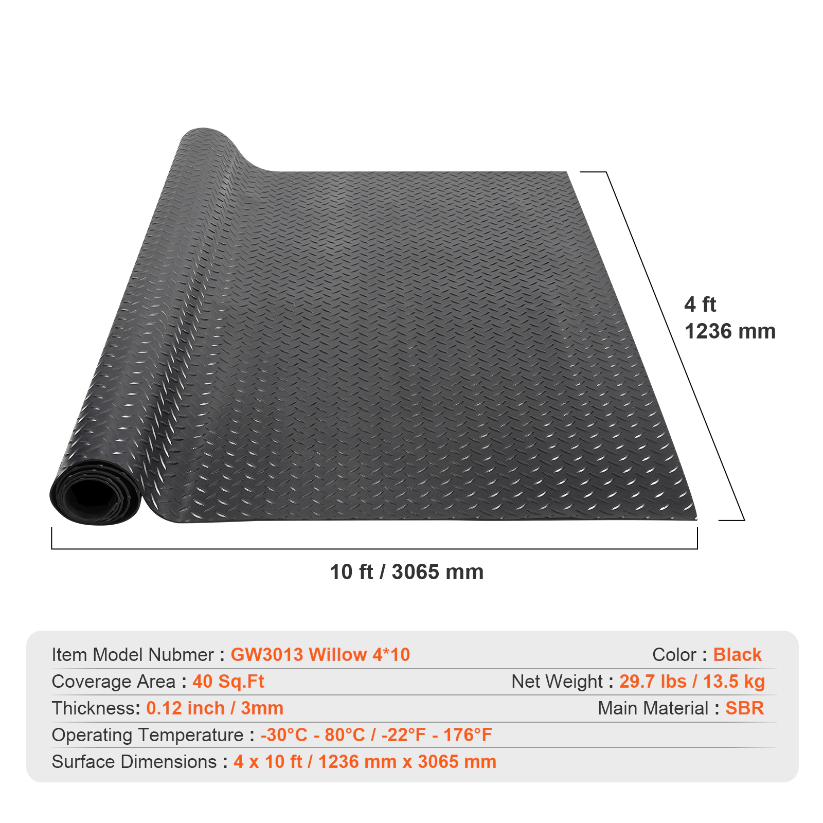 HONGGE Diamond-Plate Rubber Flooring Roll 3 mm x 4 ft Garage Floor Mat SBR Rubber Garage Flooring Roll Easy to Clean