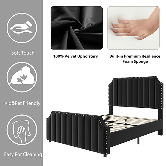 BebreezChic Upholstered Velvet Channel Tufted Tall Headboard Nailhead King Platform Bed Frame