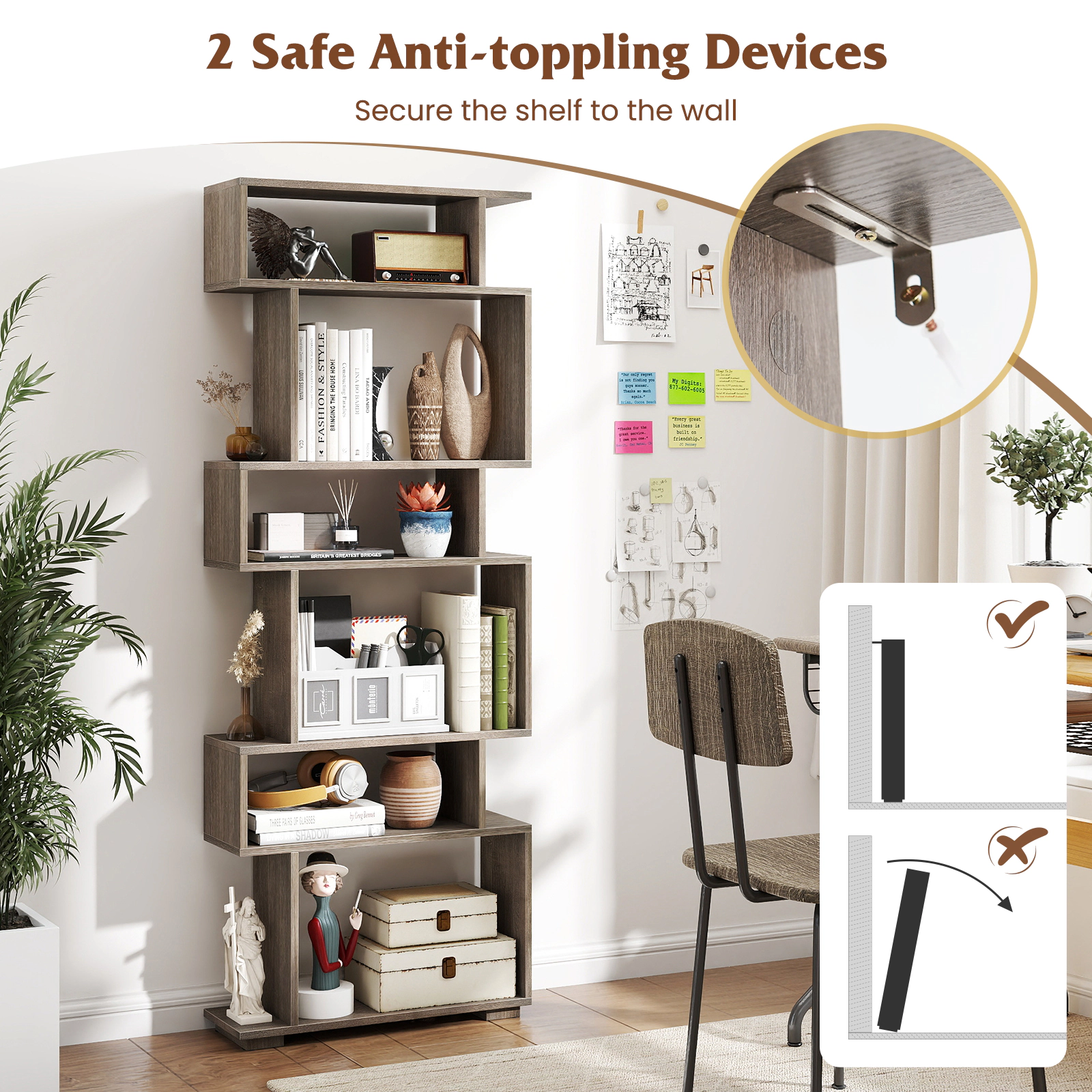 SUGIFT 6-Tier Geometric Bookshelf 64-in Tall with 11-lb Shelf and 22-lb Bottom Capacity with 2 Anti-Tipping Kits Oak